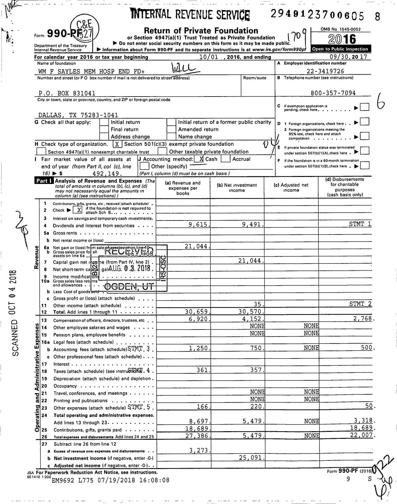 Image of first page of 2016 Form 990PF for WM F Sayles Memorial Hospital End Fund