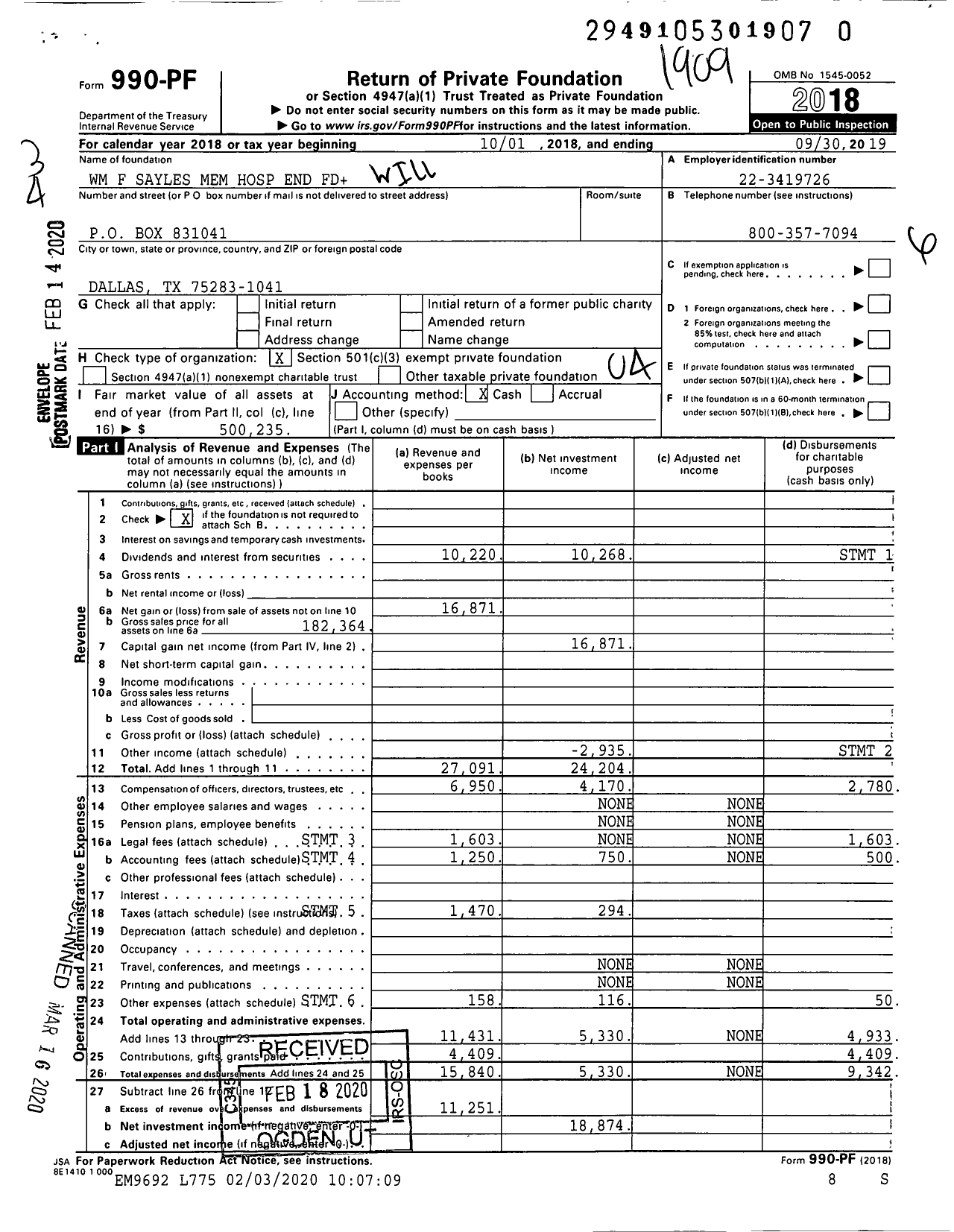 Image of first page of 2018 Form 990PR for WM F Sayles Memorial Hospital End Fund