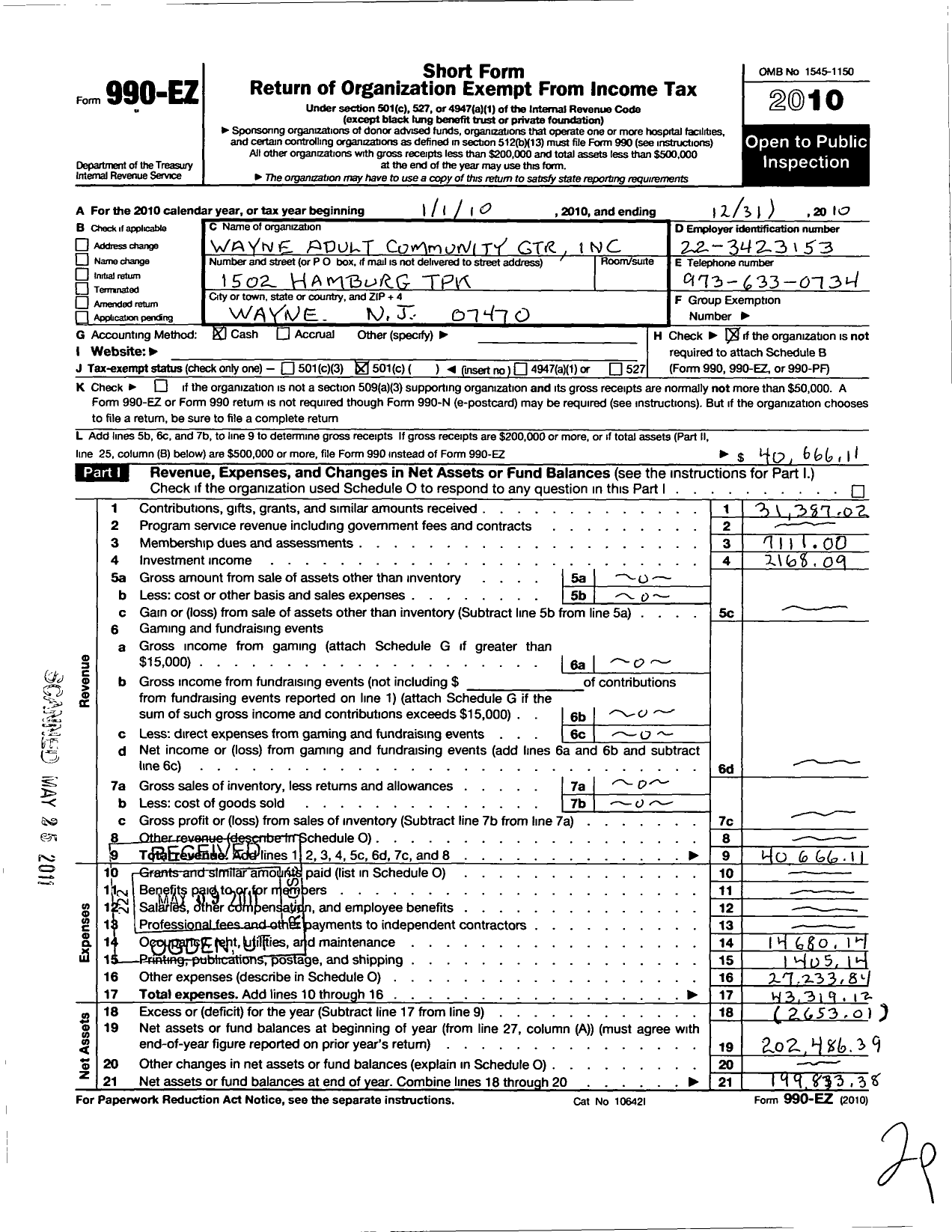 Image of first page of 2010 Form 990EO for Wayne Adult Community Center