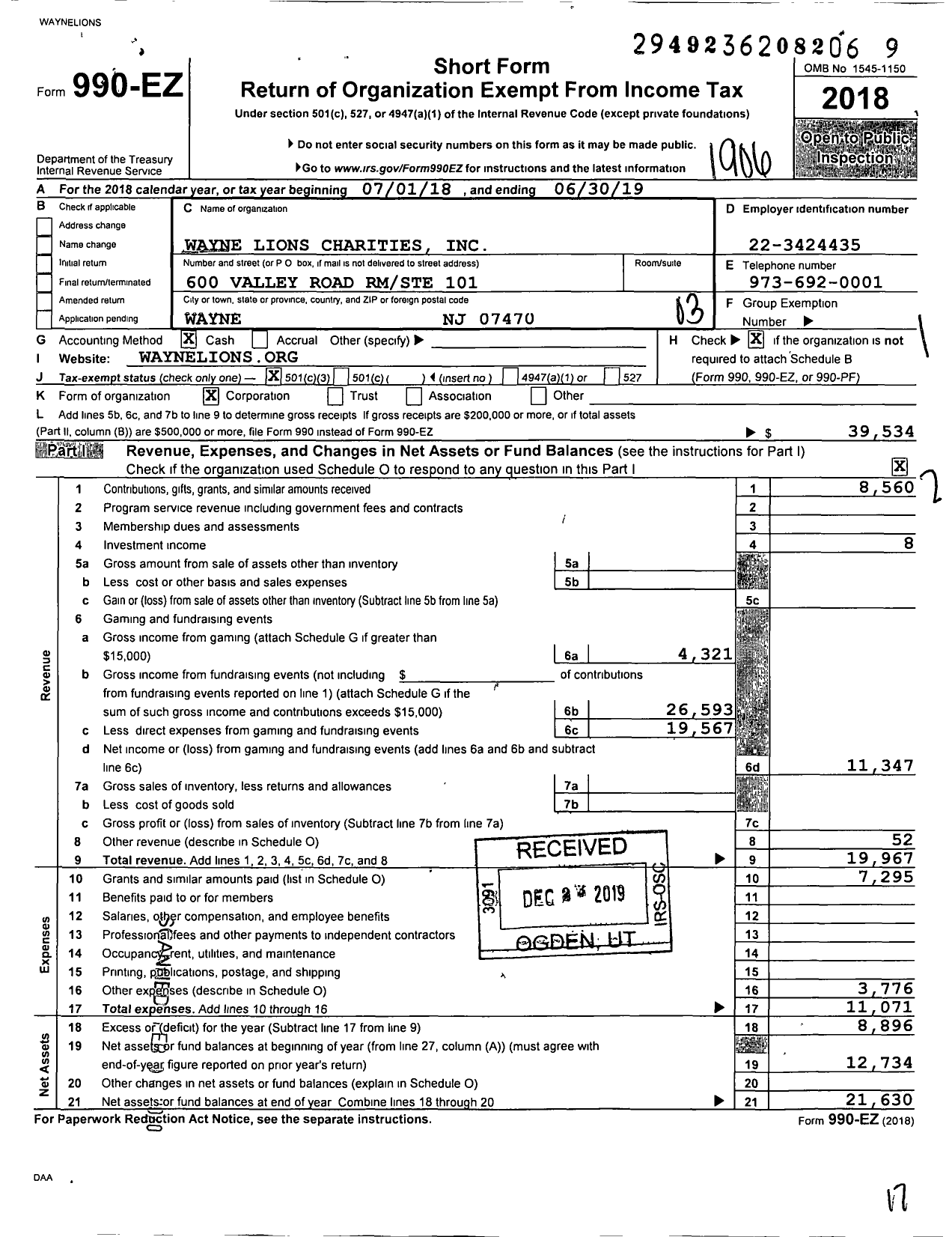 Image of first page of 2018 Form 990EZ for Wayne Lions Charities