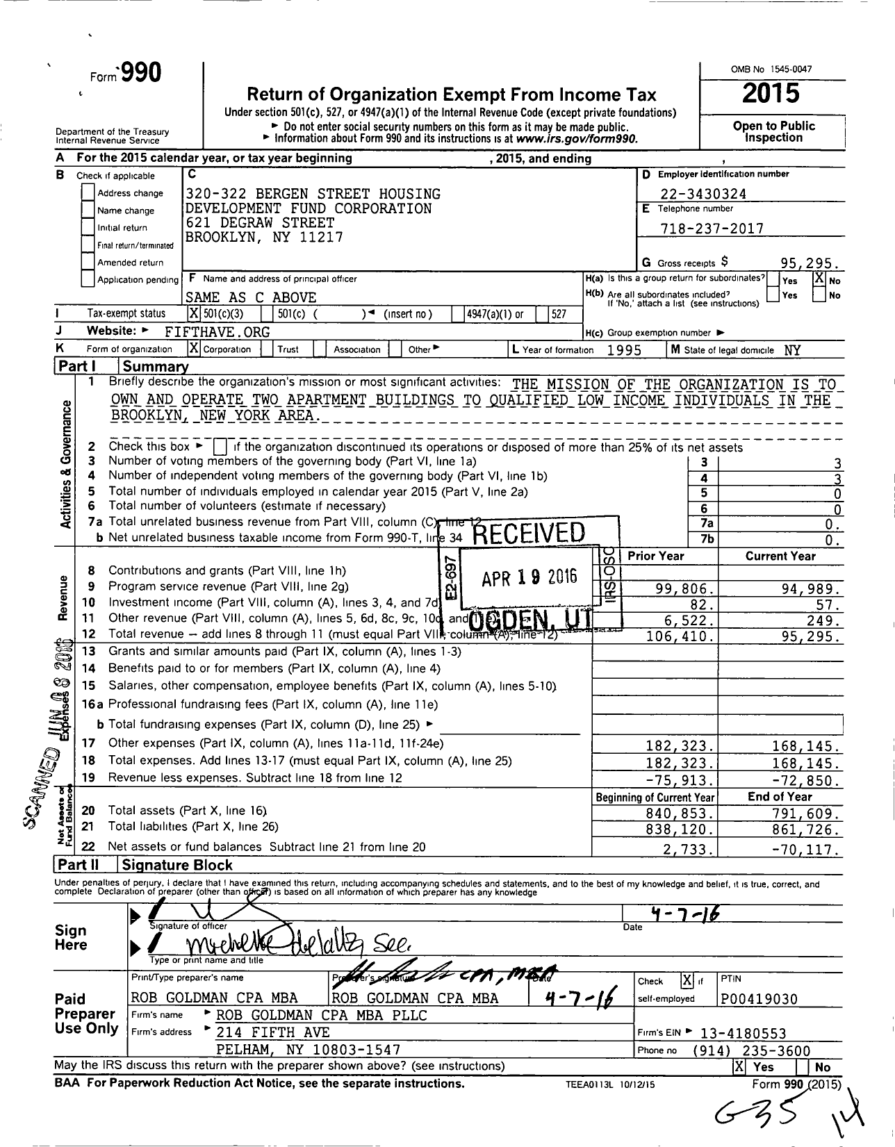 Image of first page of 2015 Form 990 for 320-322 Bergen Street Housing Development Fund Corporation