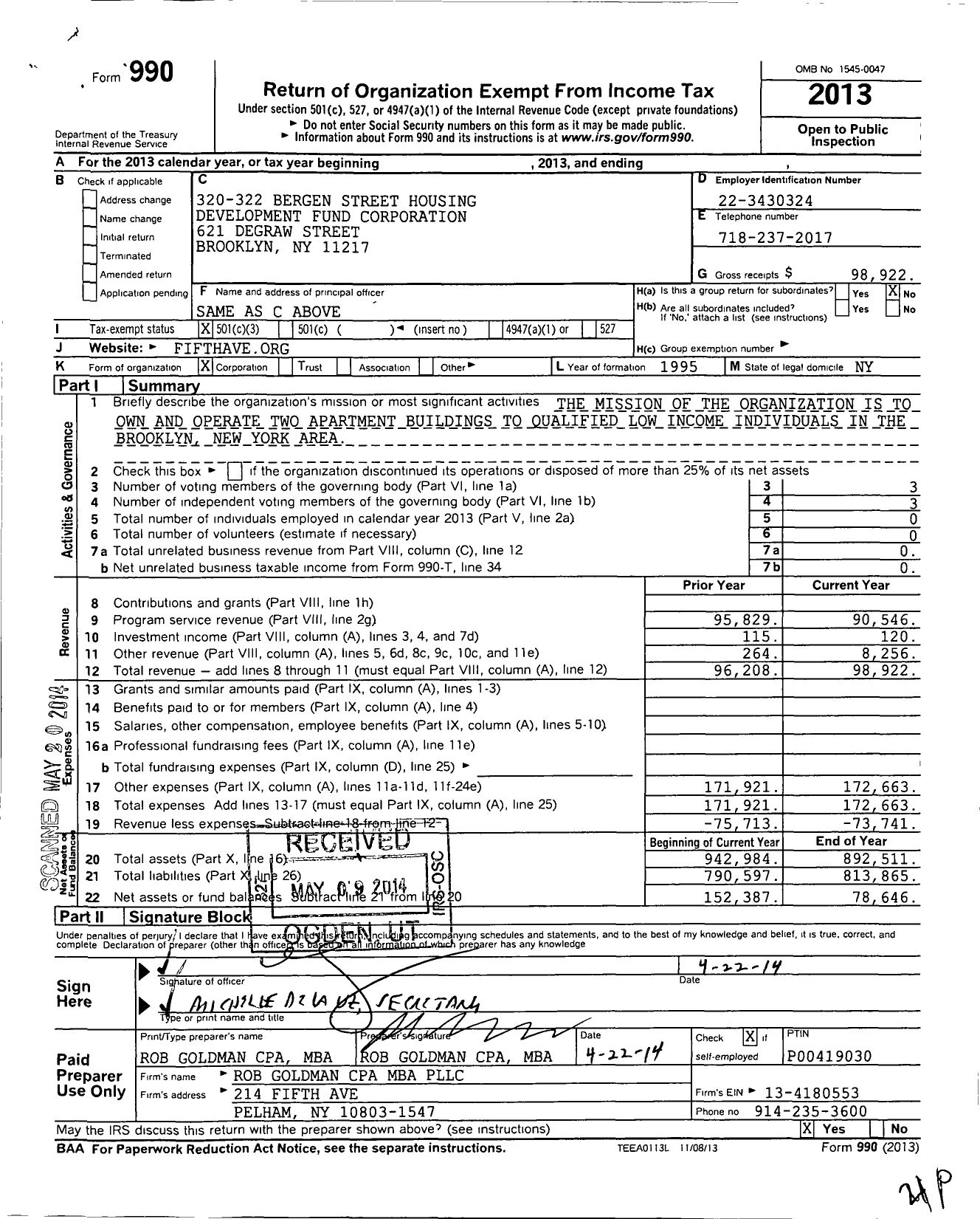 Image of first page of 2013 Form 990 for 320-322 Bergen Street Housing Development Fund Corporation