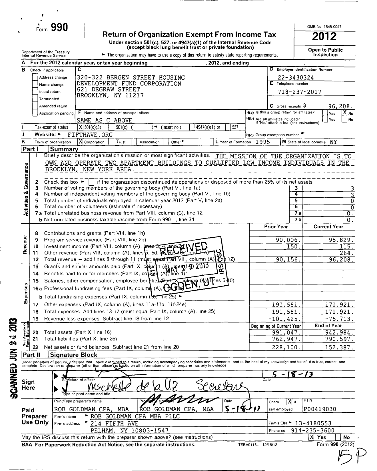 Image of first page of 2012 Form 990 for 320-322 Bergen Street Housing Development Fund Corporation