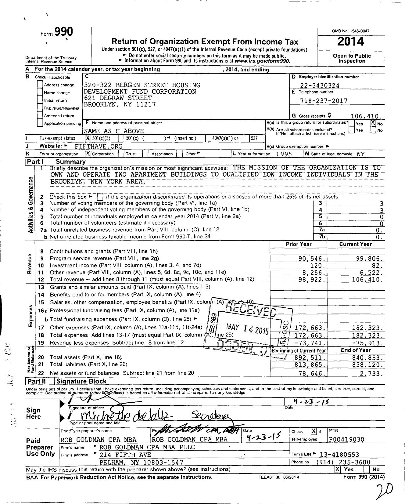 Image of first page of 2014 Form 990 for 320-322 Bergen Street Housing Development Fund Corporation