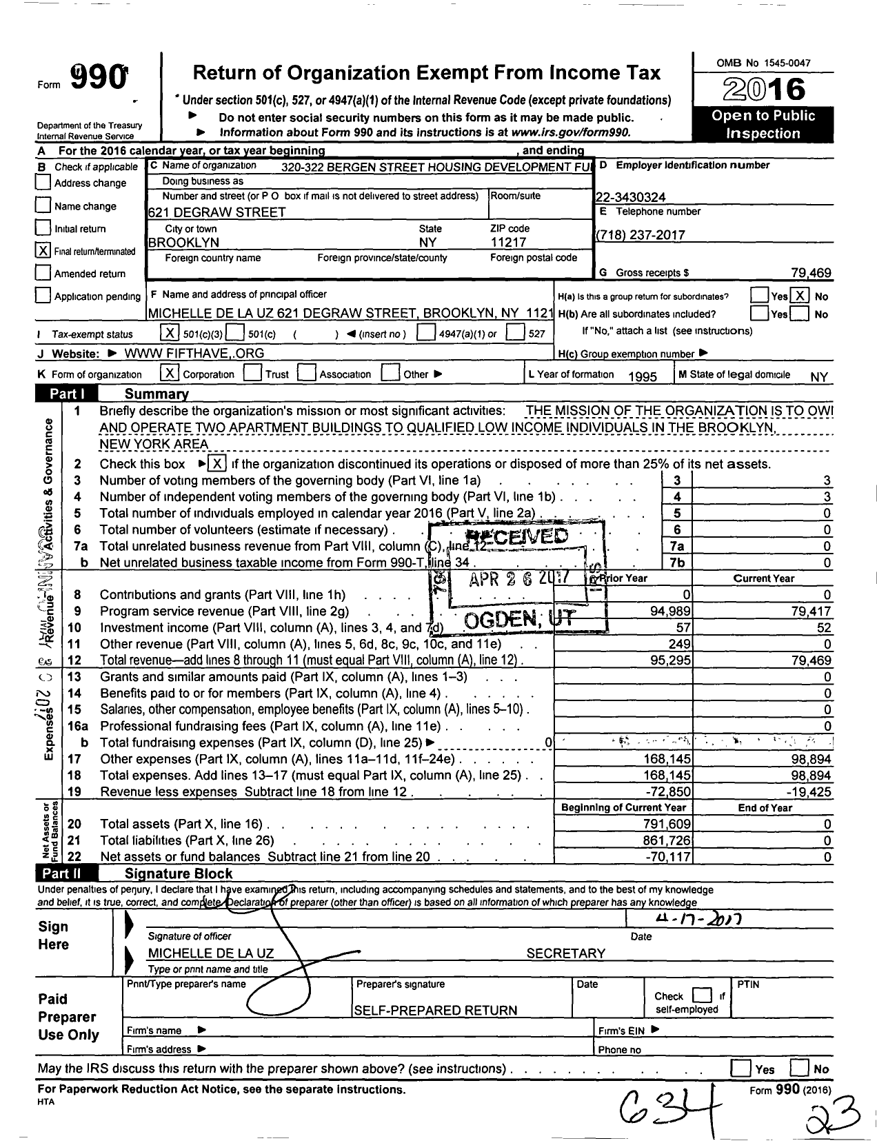 Image of first page of 2016 Form 990 for 320-322 Bergen Street Housing Development Fund Corporation