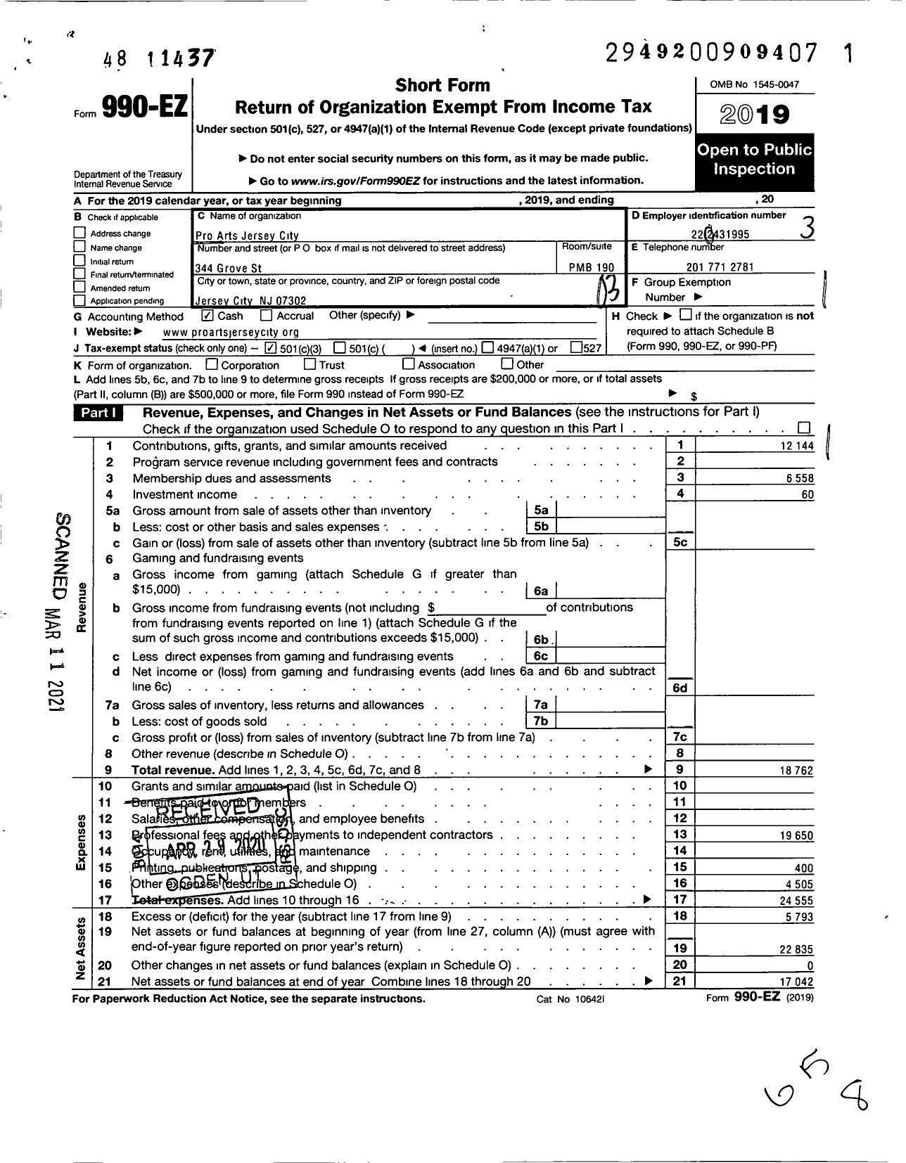 Image of first page of 2019 Form 990EZ for Pro Arts Jersey City