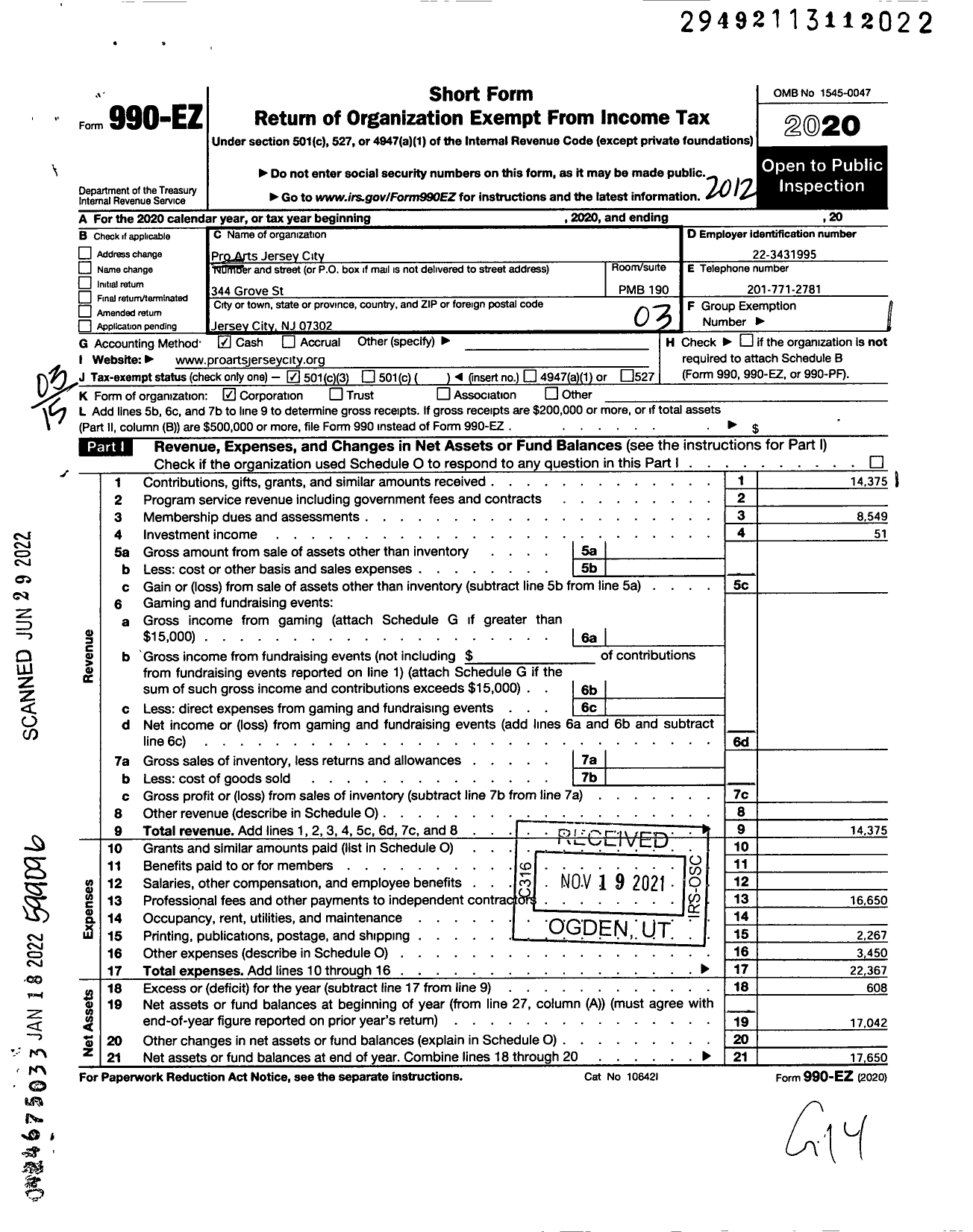 Image of first page of 2020 Form 990EZ for Pro Arts Jersey City