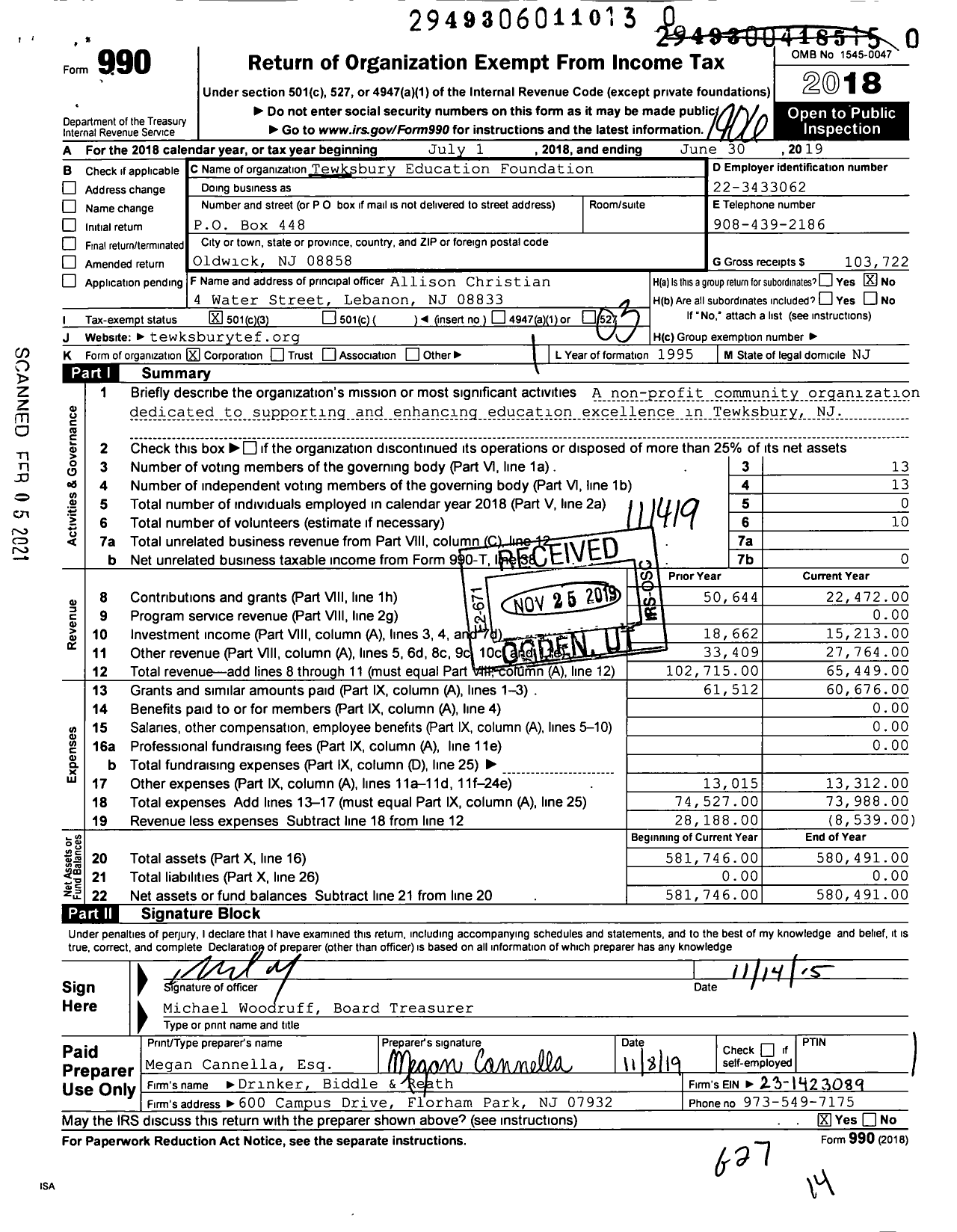 Image of first page of 2018 Form 990 for Tewksbury Education Foundation