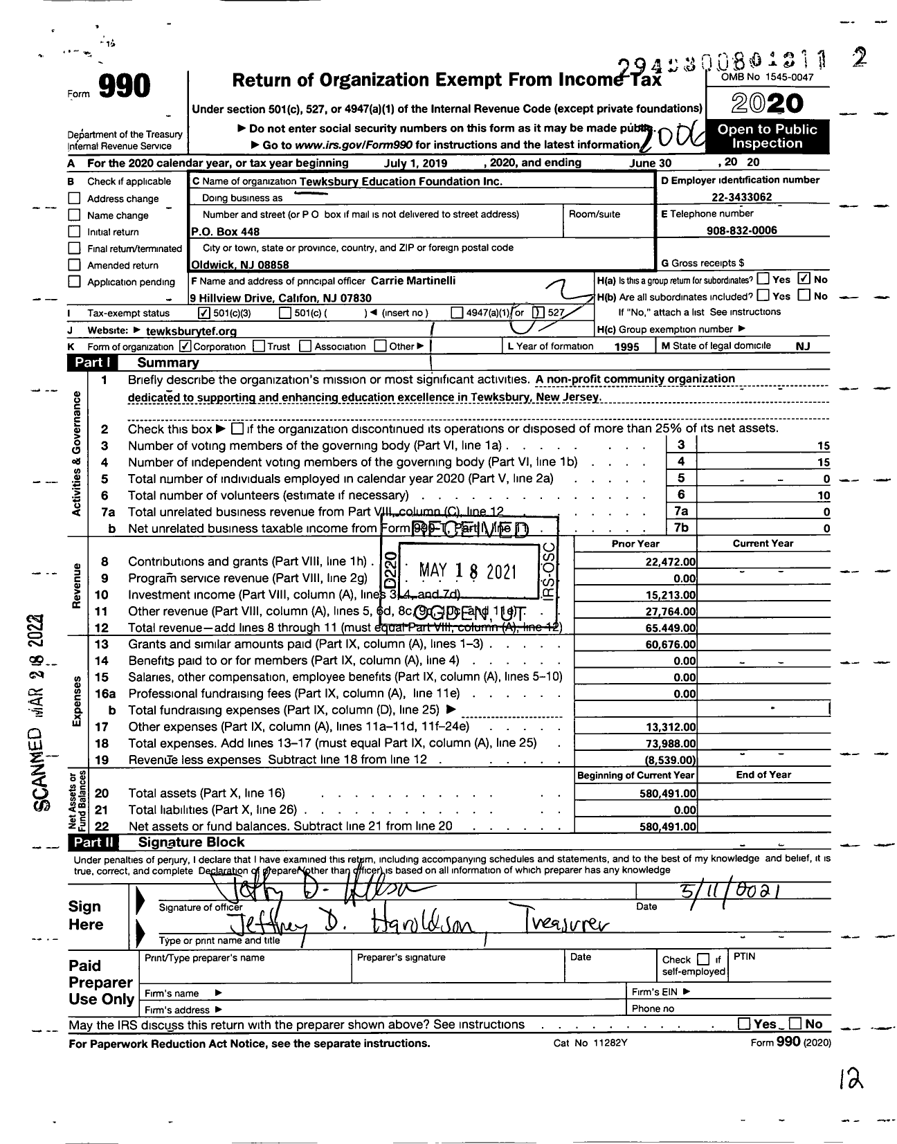 Image of first page of 2019 Form 990 for Tewksbury Education Foundation