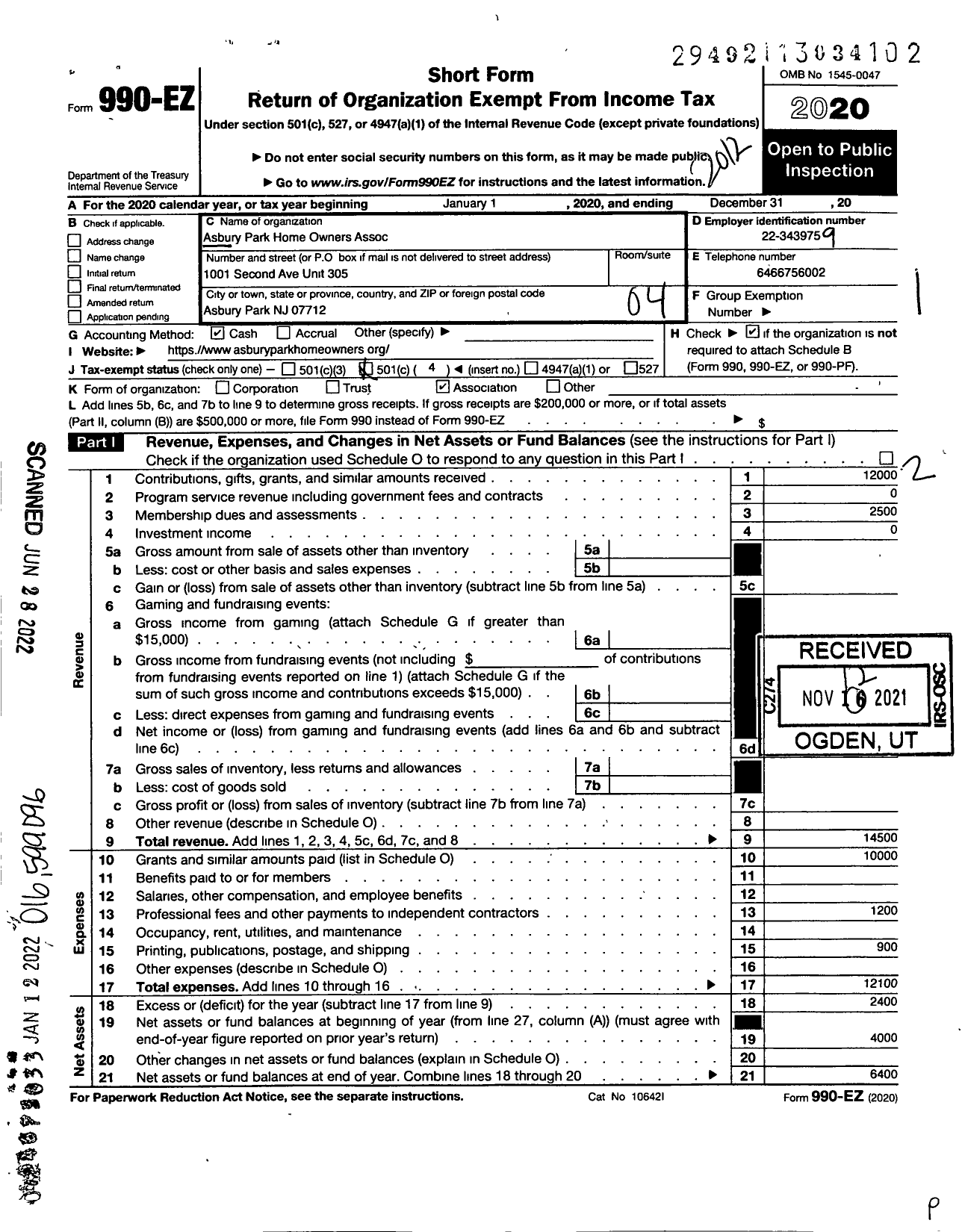 Image of first page of 2020 Form 990EO for Asbury Park Homeowners Association