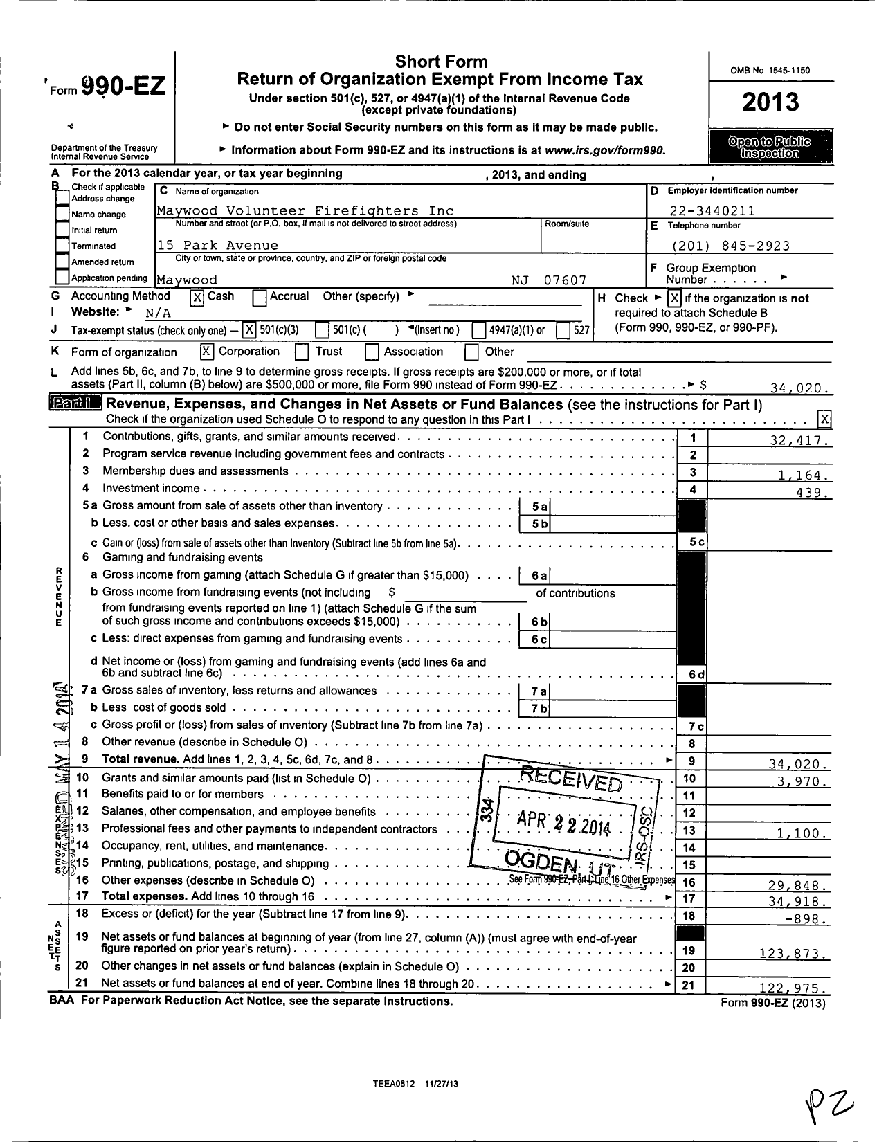 Image of first page of 2013 Form 990EZ for Maywood Volunteer Fire Fighters