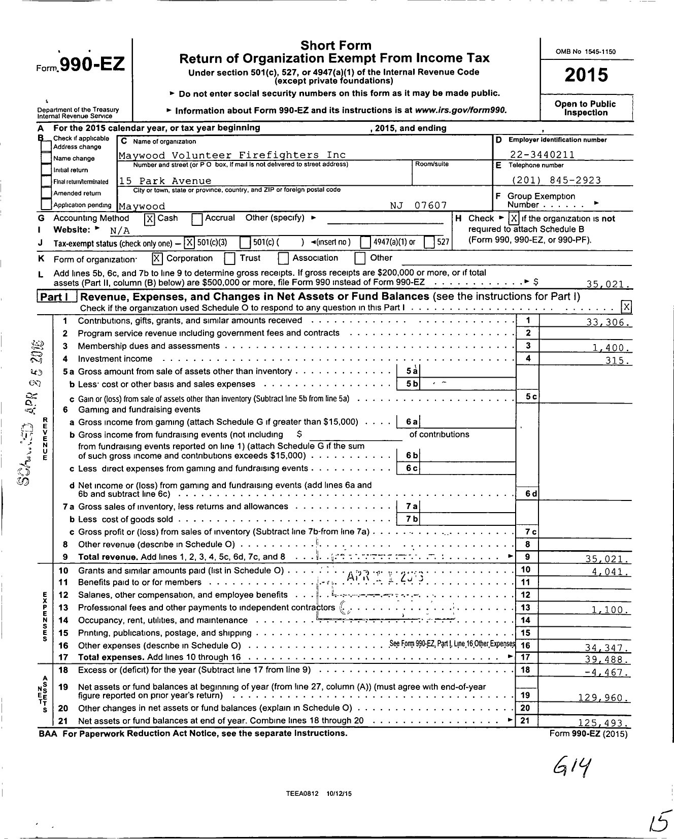 Image of first page of 2015 Form 990EZ for Maywood Volunteer Fire Fighters