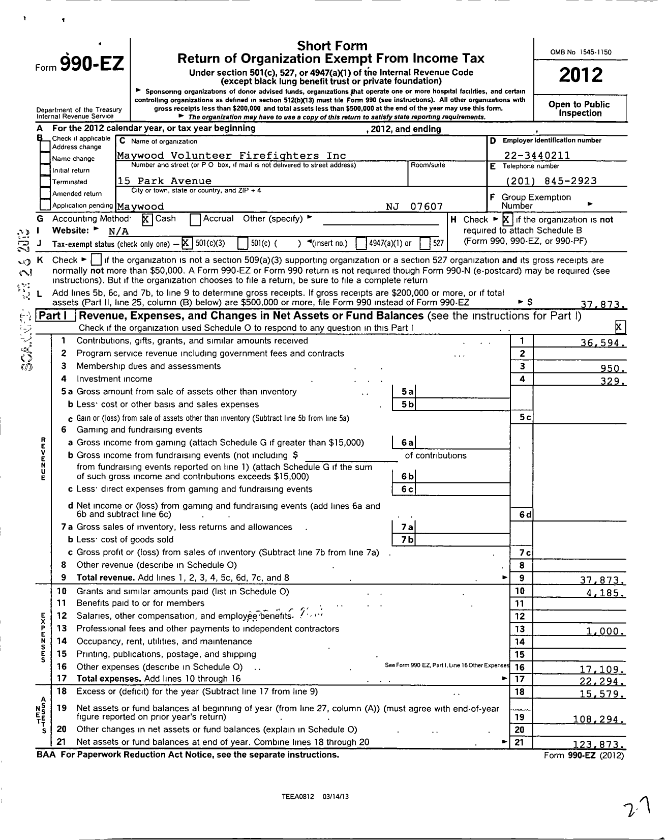 Image of first page of 2012 Form 990EZ for Maywood Volunteer Fire Fighters