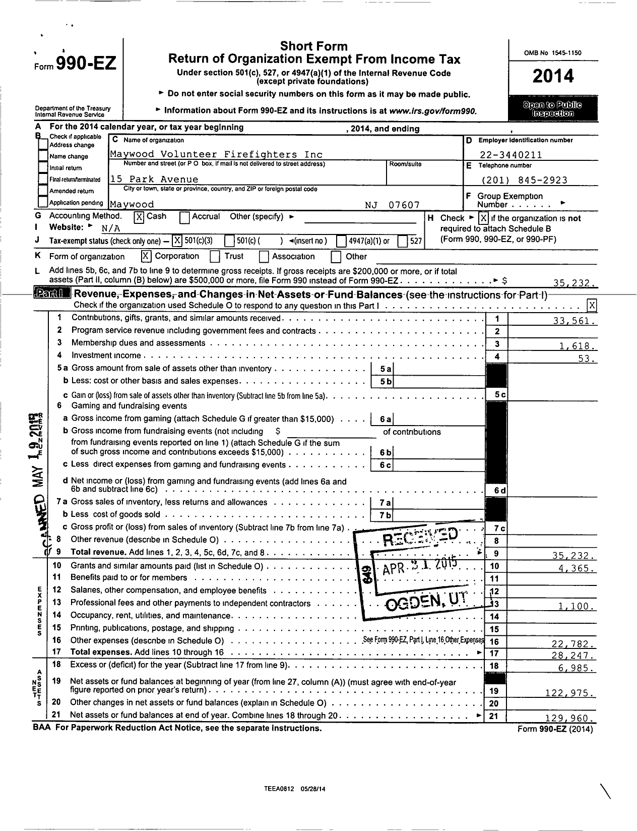 Image of first page of 2014 Form 990EZ for Maywood Volunteer Fire Fighters