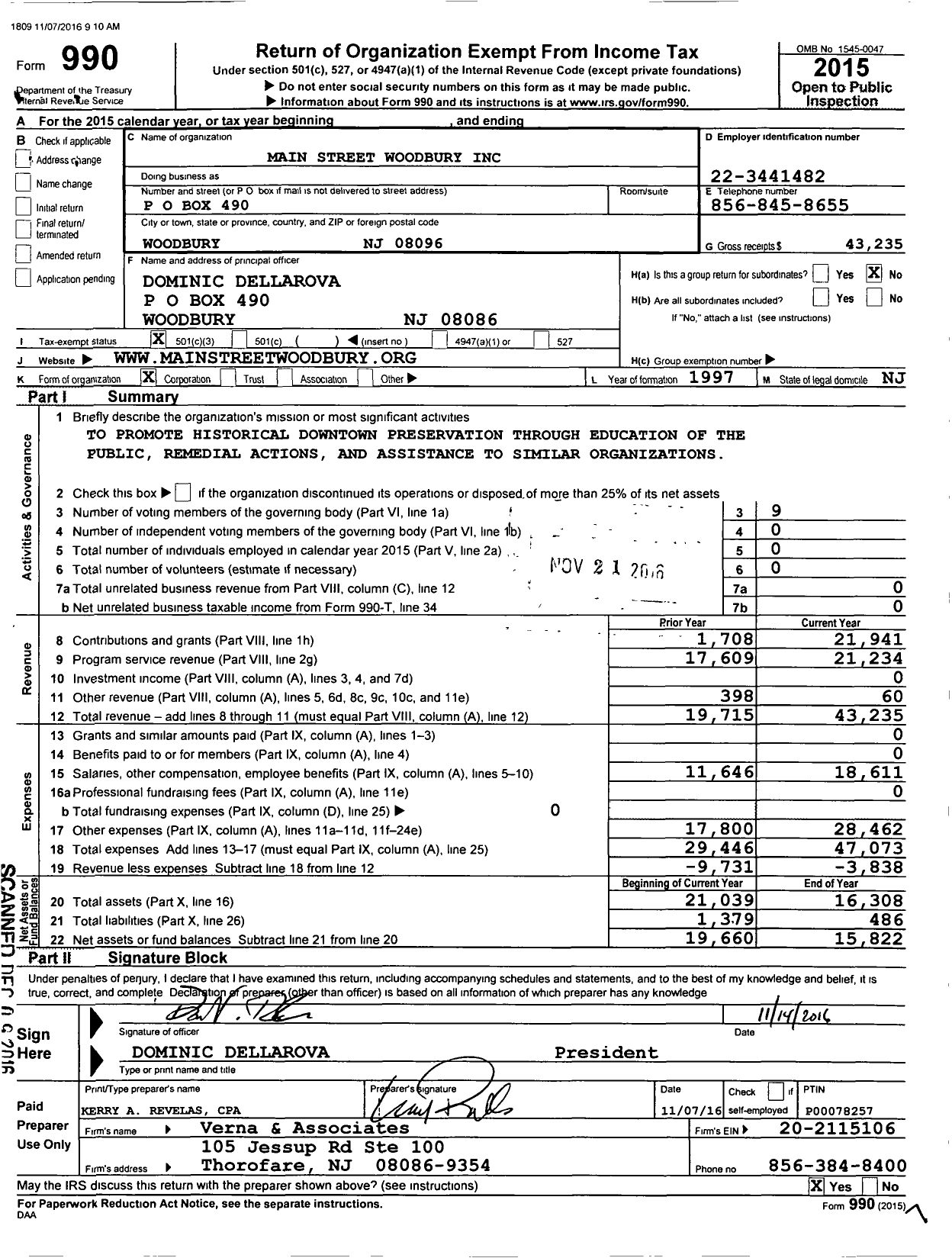 Image of first page of 2015 Form 990 for Main Street Woodbury