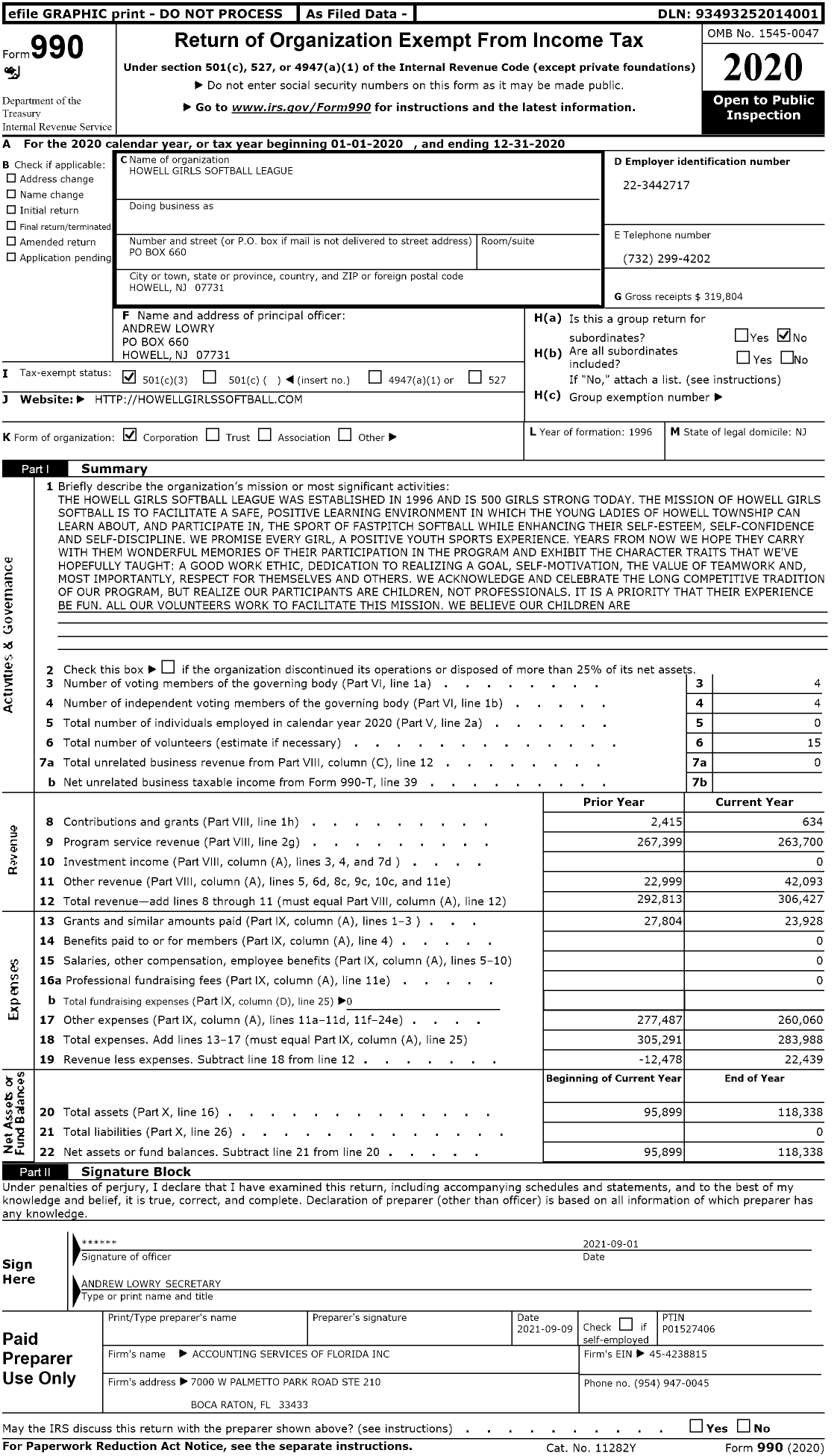 Image of first page of 2020 Form 990 for Howell Girls Softball League