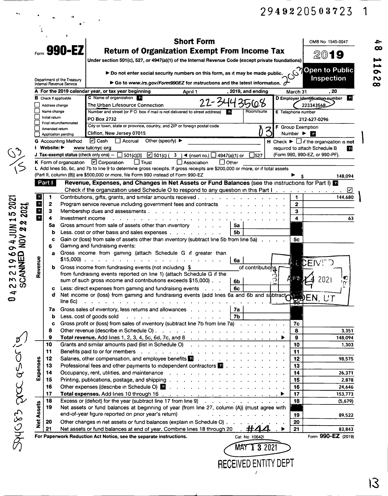 Image of first page of 2019 Form 990EZ for Urban Lifesource Connection