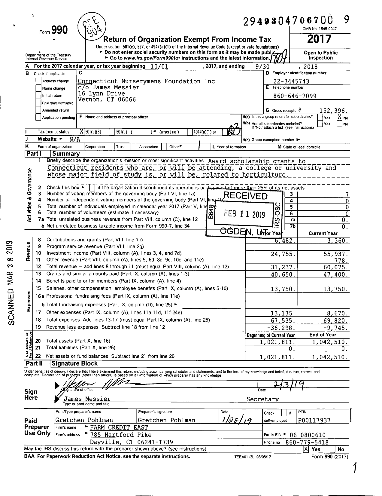 Image of first page of 2017 Form 990 for Connecticut Nurserymens Foundation