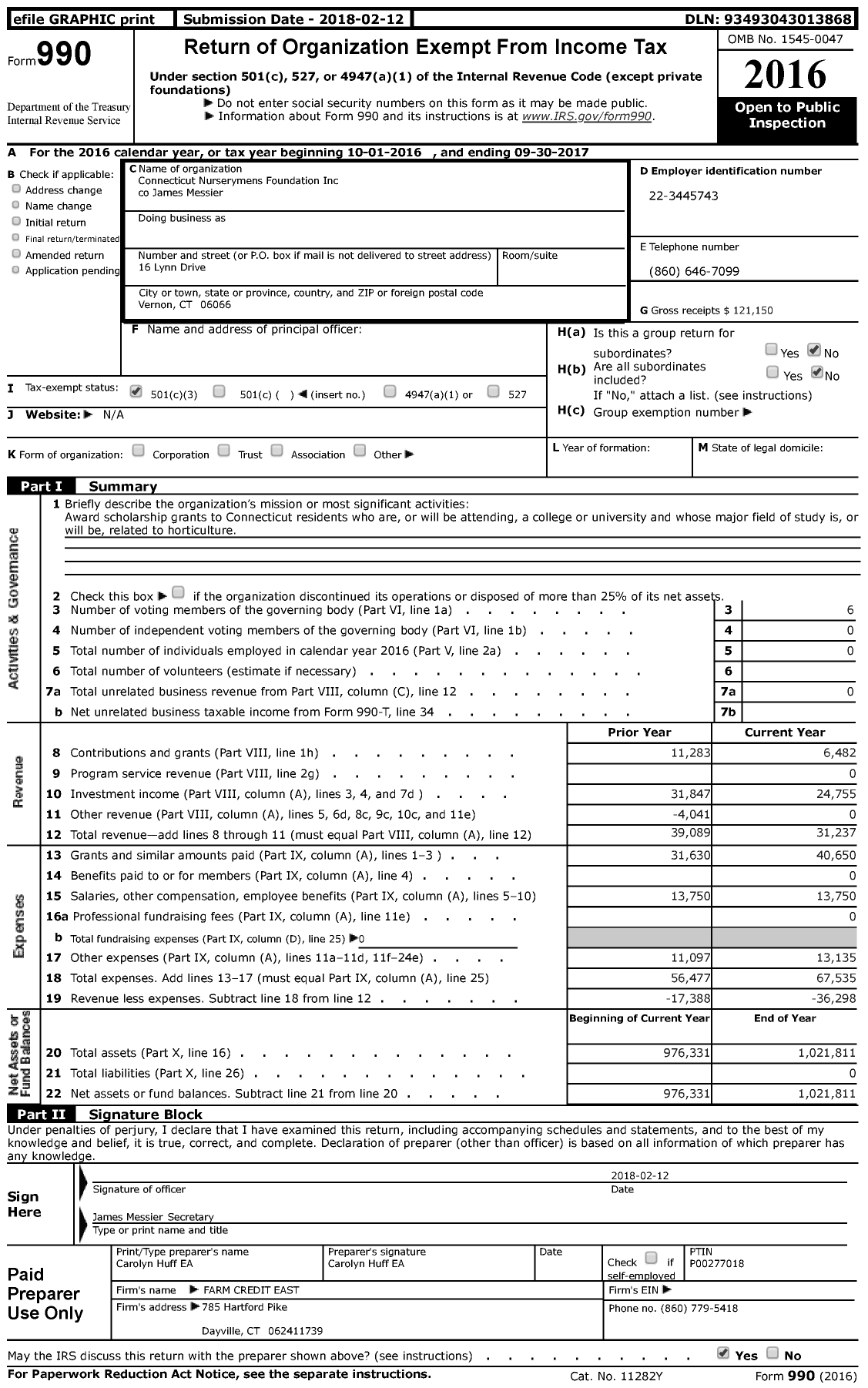 Image of first page of 2016 Form 990 for Connecticut Nurserymens Foundation