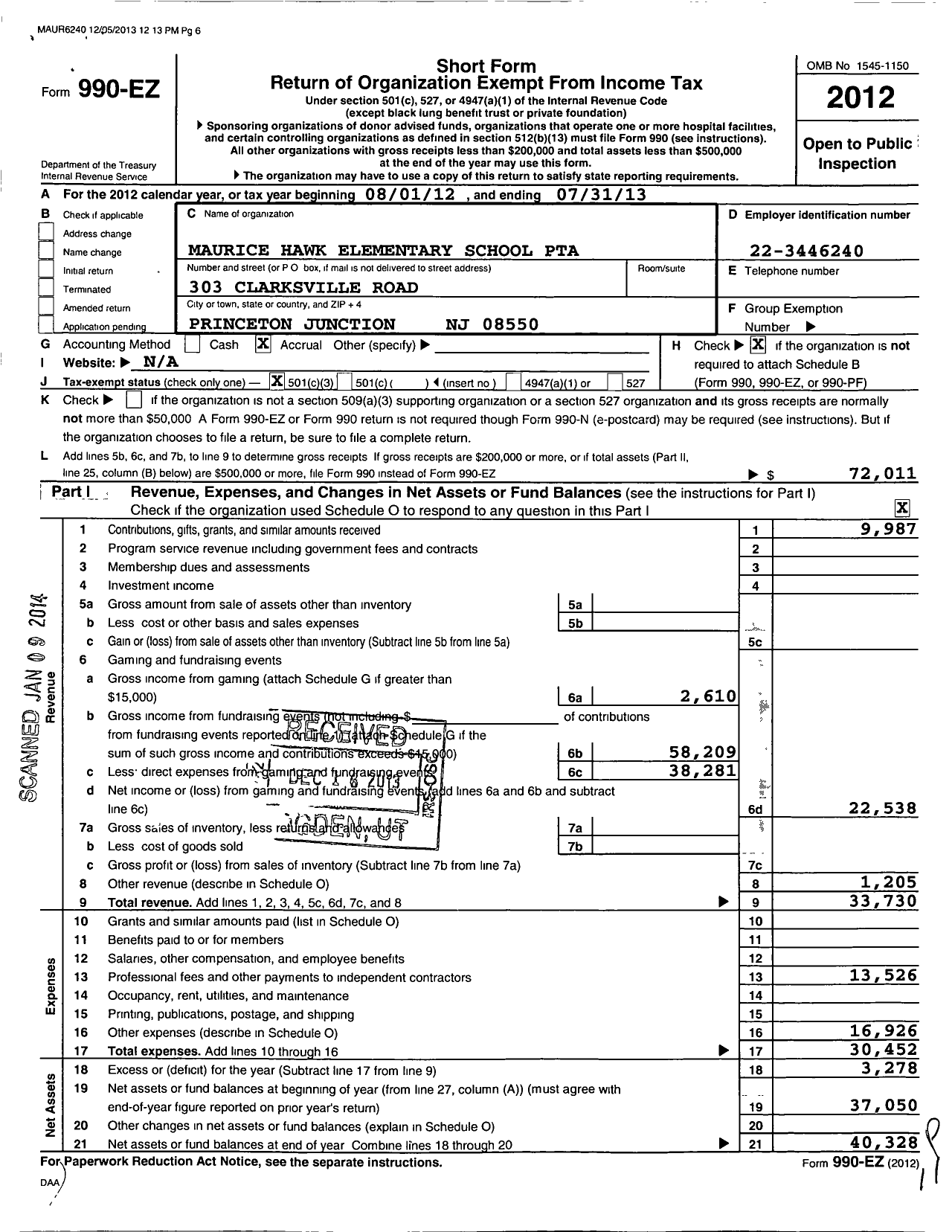 Image of first page of 2012 Form 990EZ for New Jersey PTA - 033639 Maurice Hawk Elem SCH