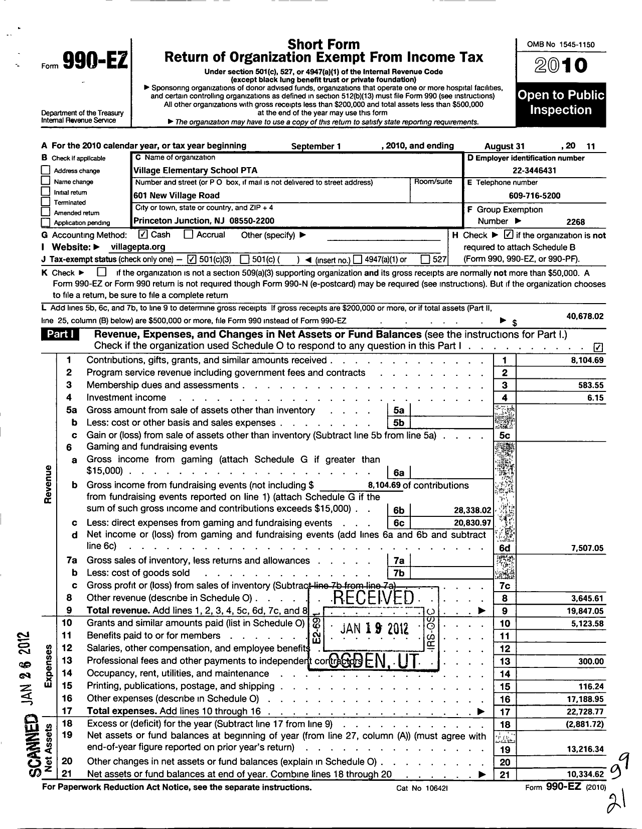 Image of first page of 2010 Form 990EZ for New Jersey PTA - 33638 Village Elem School PTA