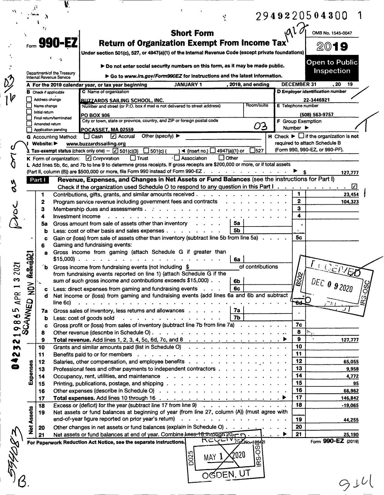 Image of first page of 2019 Form 990EZ for Buzzards Sailing School