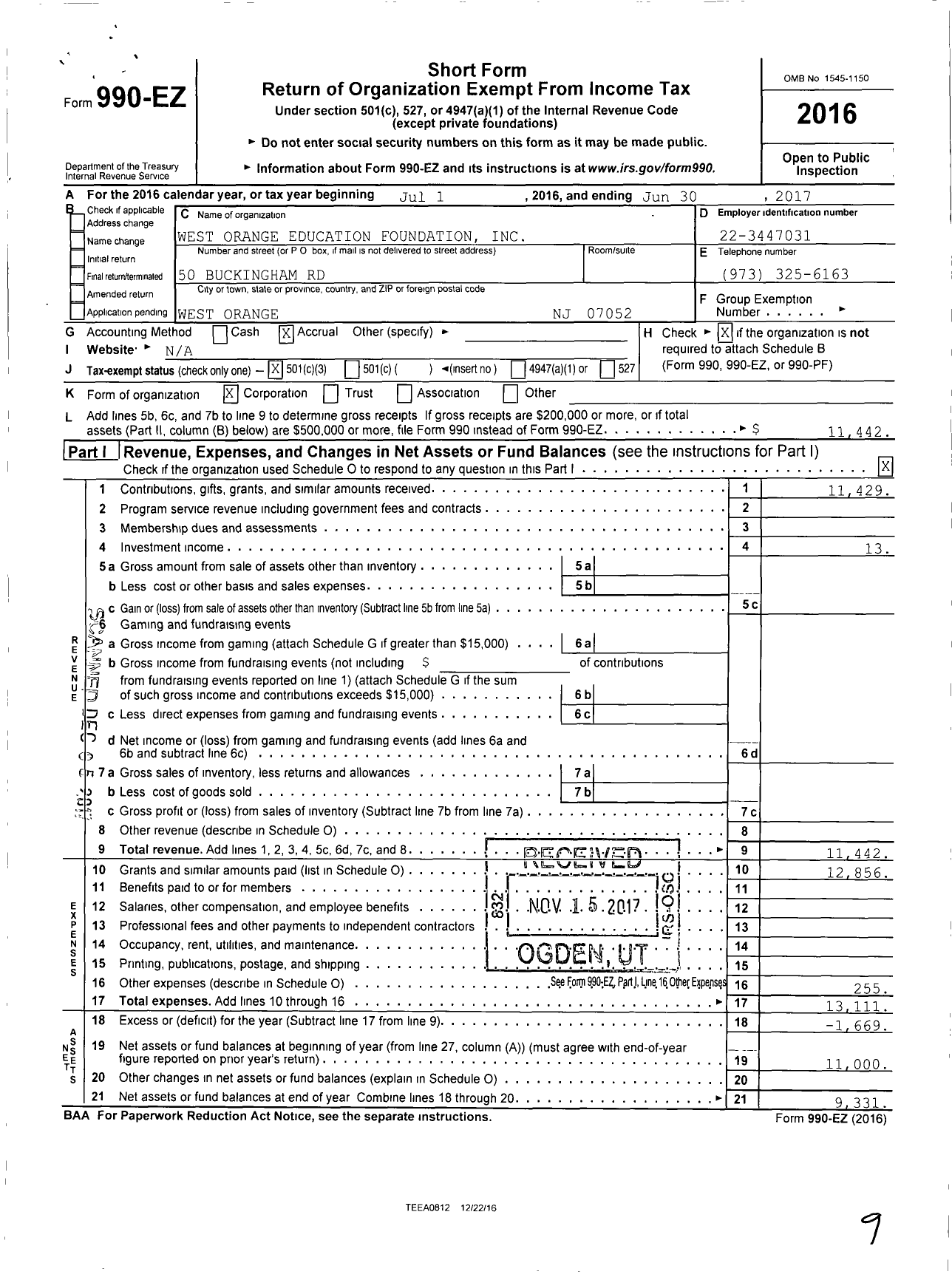 Image of first page of 2016 Form 990EZ for West Orange Education Foundation