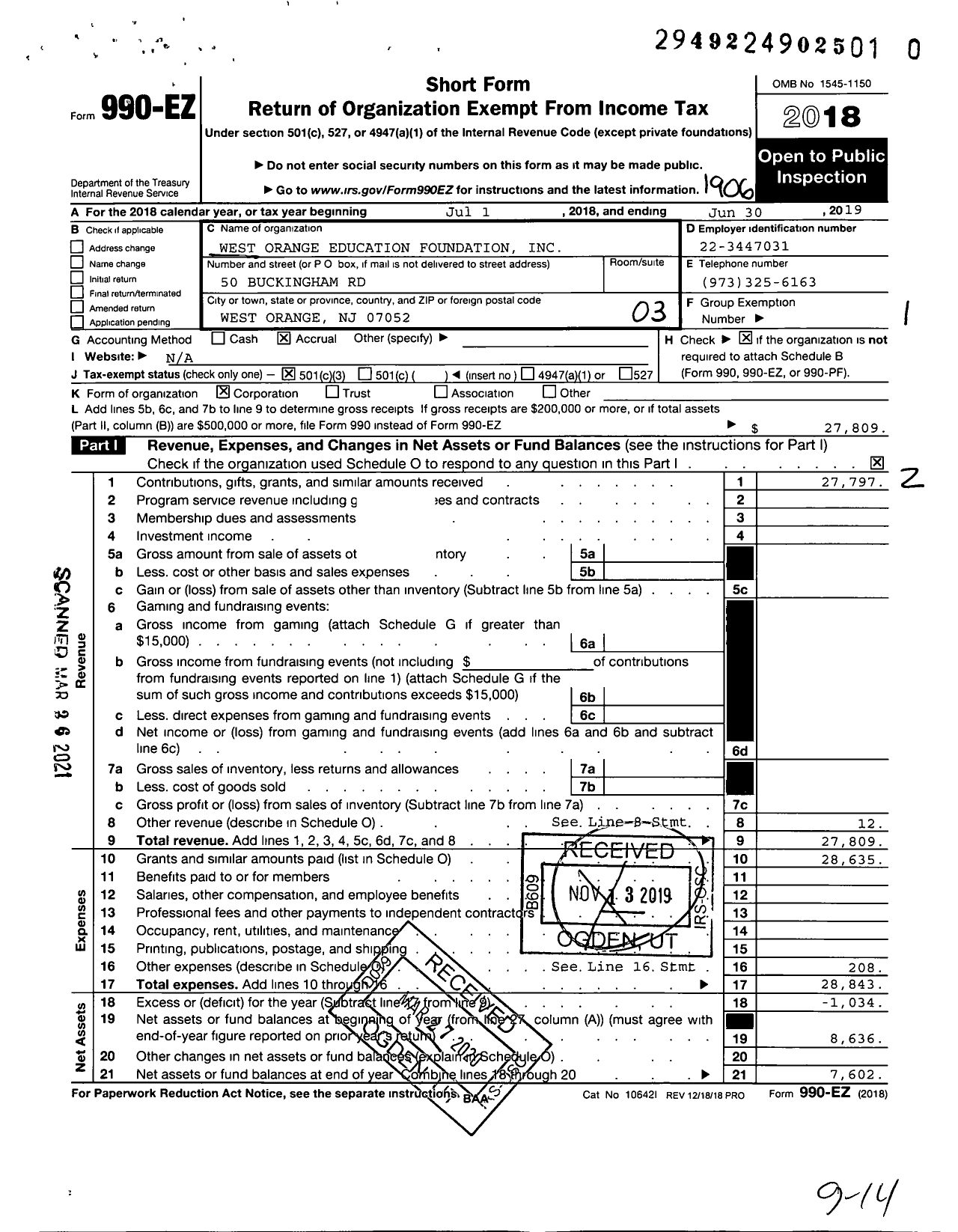 Image of first page of 2018 Form 990EZ for West Orange Education Foundation