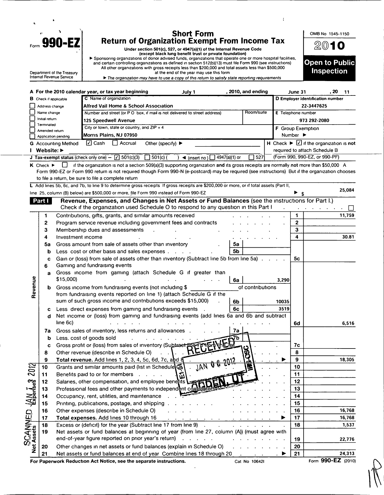 Image of first page of 2010 Form 990EZ for Alfred Vail Home and School Association