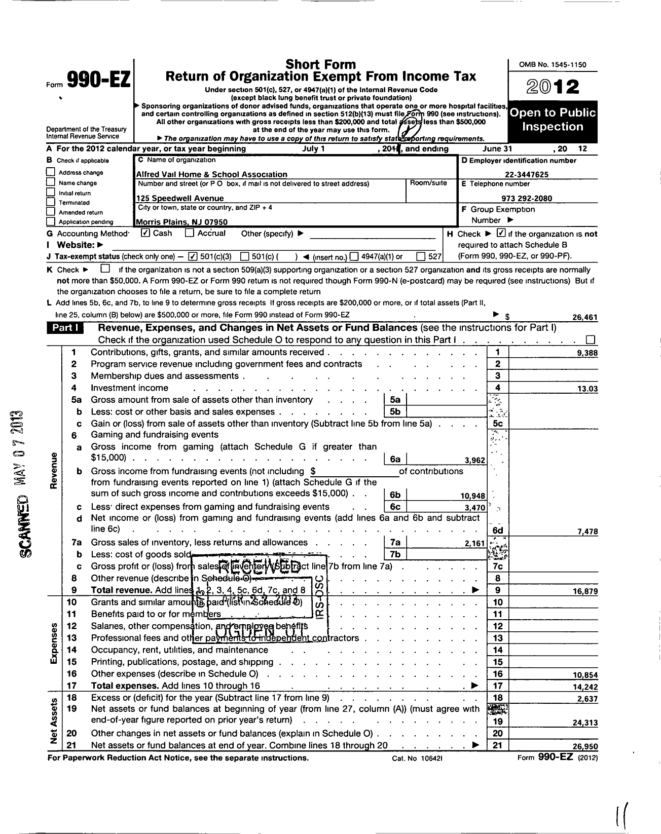 Image of first page of 2011 Form 990EZ for Alfred Vail Home and School Association