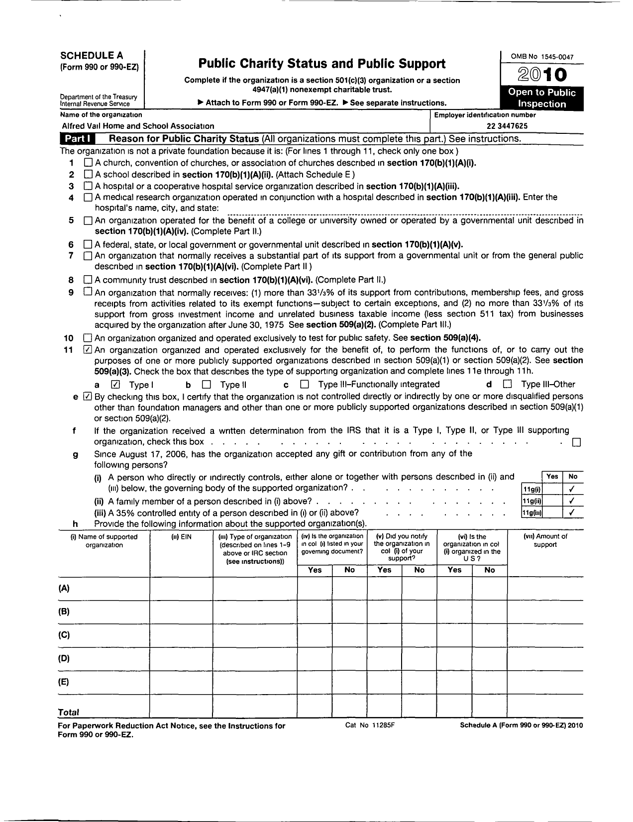 Image of first page of 2009 Form 990ER for Alfred Vail Home and School Association