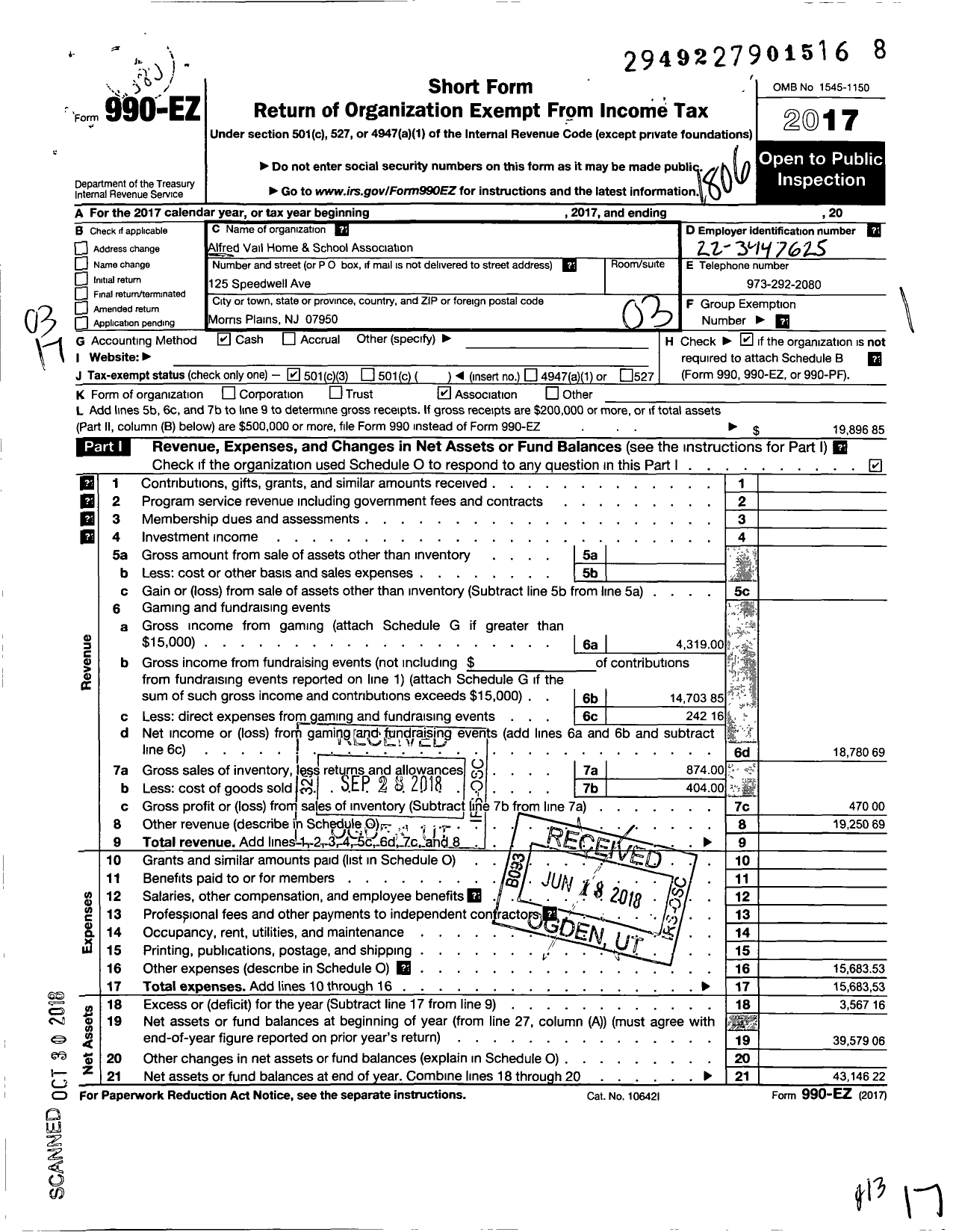 Image of first page of 2017 Form 990EZ for Alfred Vail Home and School Association