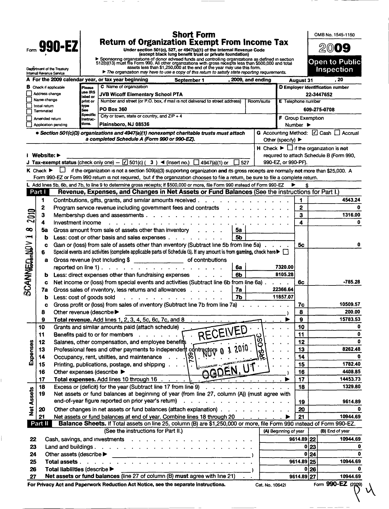 Image of first page of 2008 Form 990EZ for New Jersey PTA - 33626 JVB Wicoff Elem School