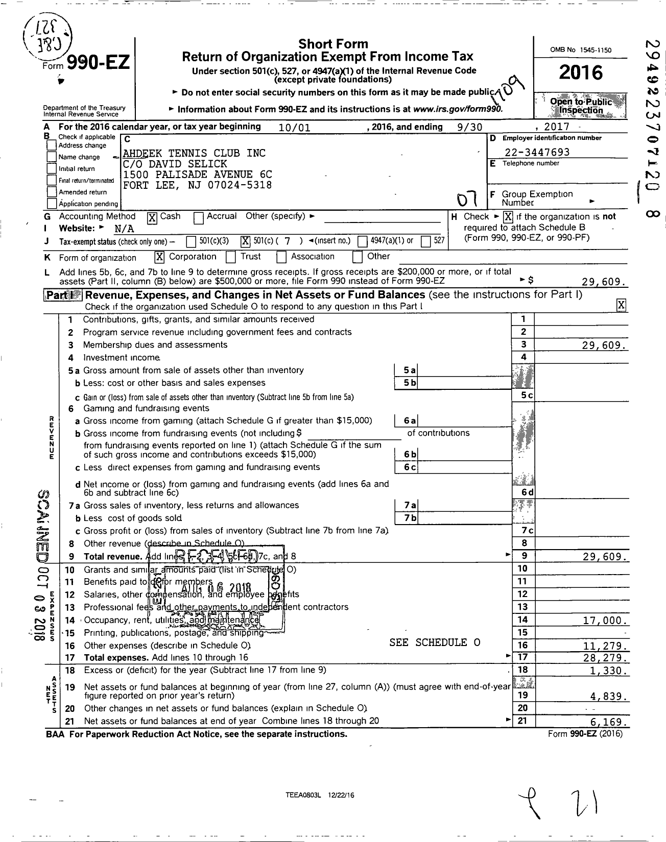 Image of first page of 2016 Form 990EO for Ahdeek Tennis Club