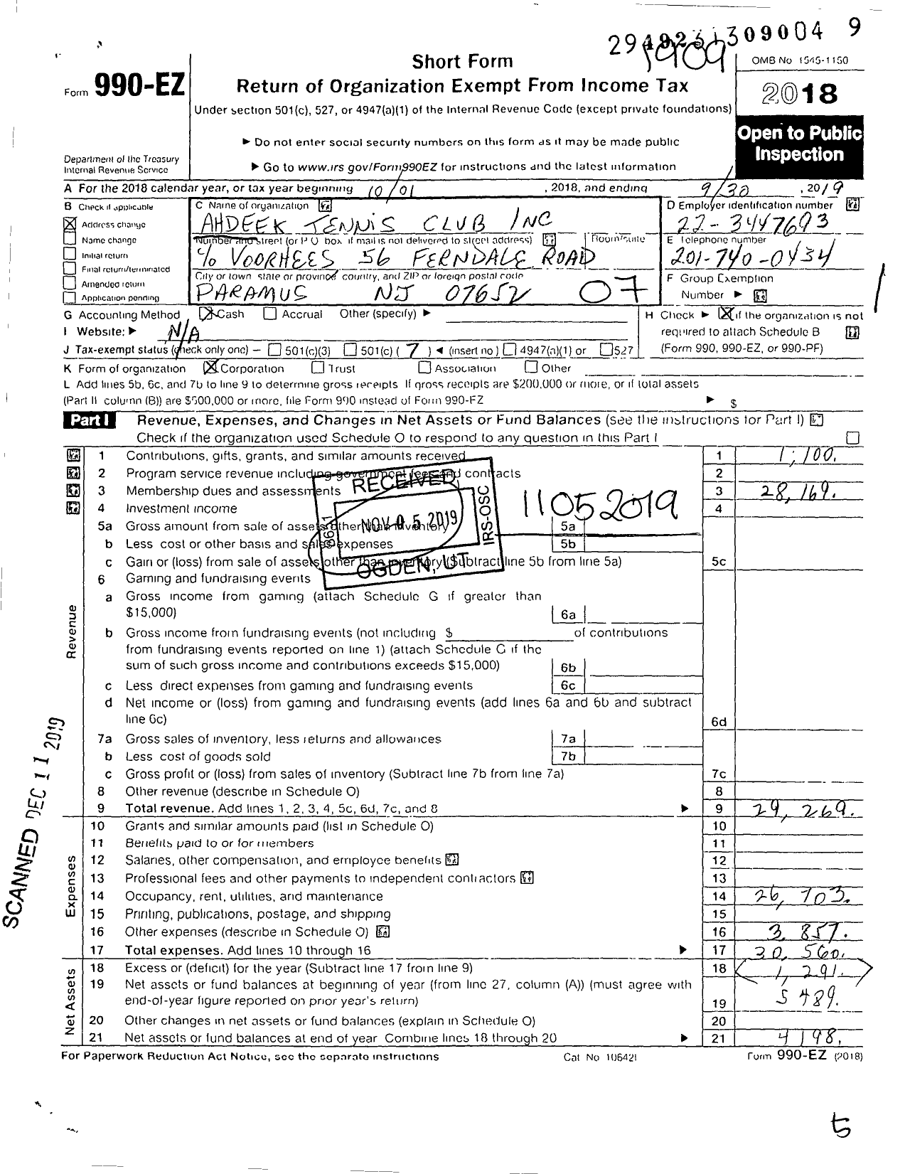 Image of first page of 2018 Form 990EO for Ahdeek Tennis Club