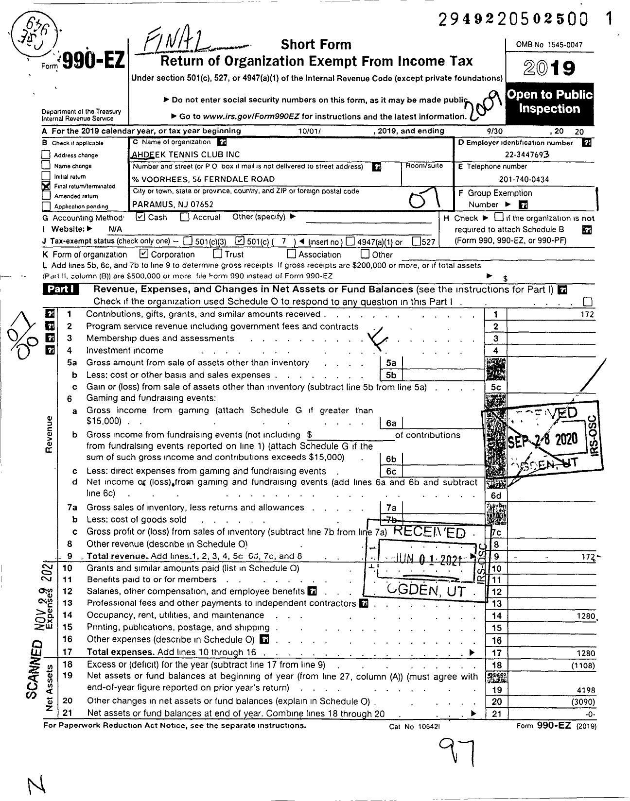 Image of first page of 2019 Form 990EO for Ahdeek Tennis Club