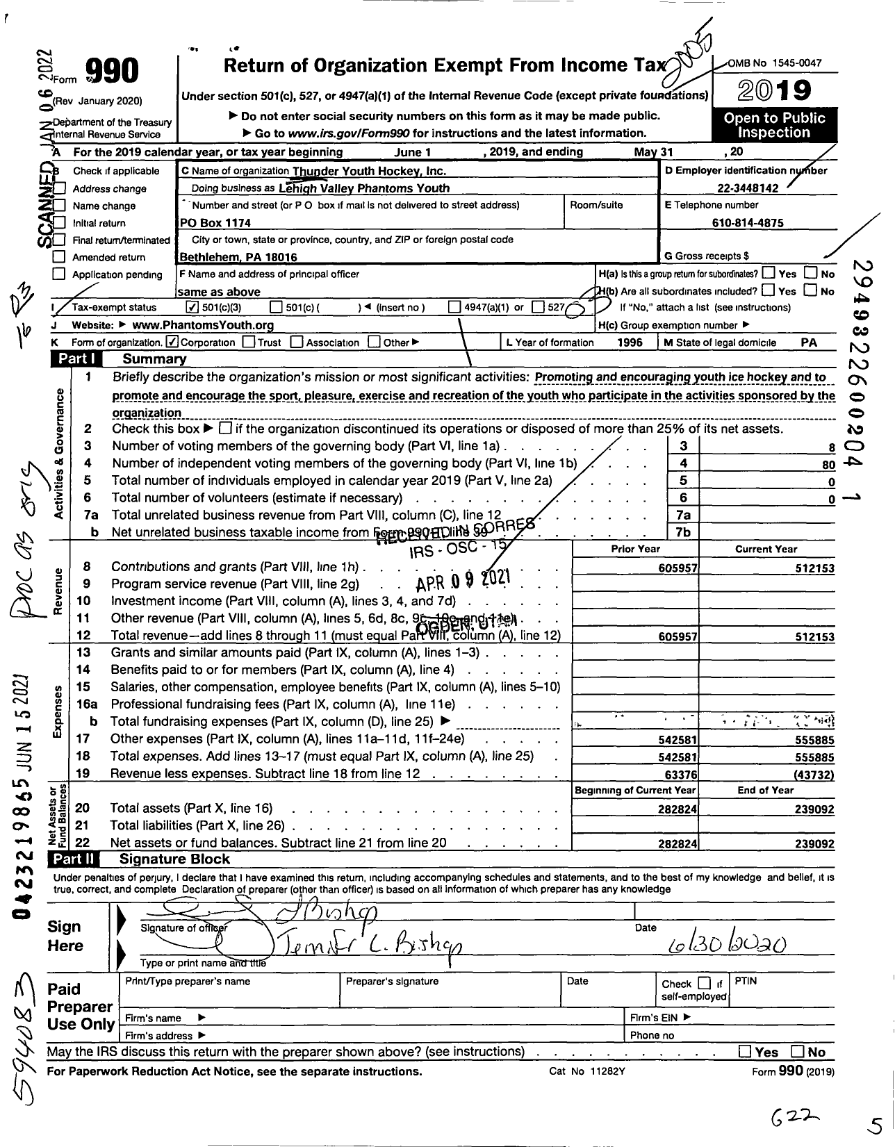 Image of first page of 2019 Form 990 for Lehigh Valley Phantoms Youth Hockey