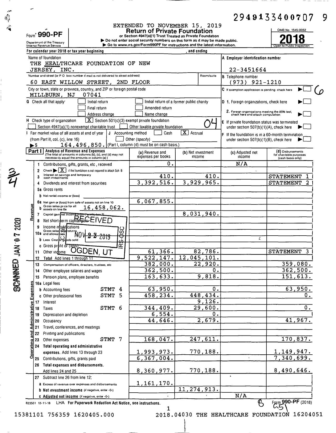 Image of first page of 2018 Form 990PF for The Healthcare Foundation of New Jersey