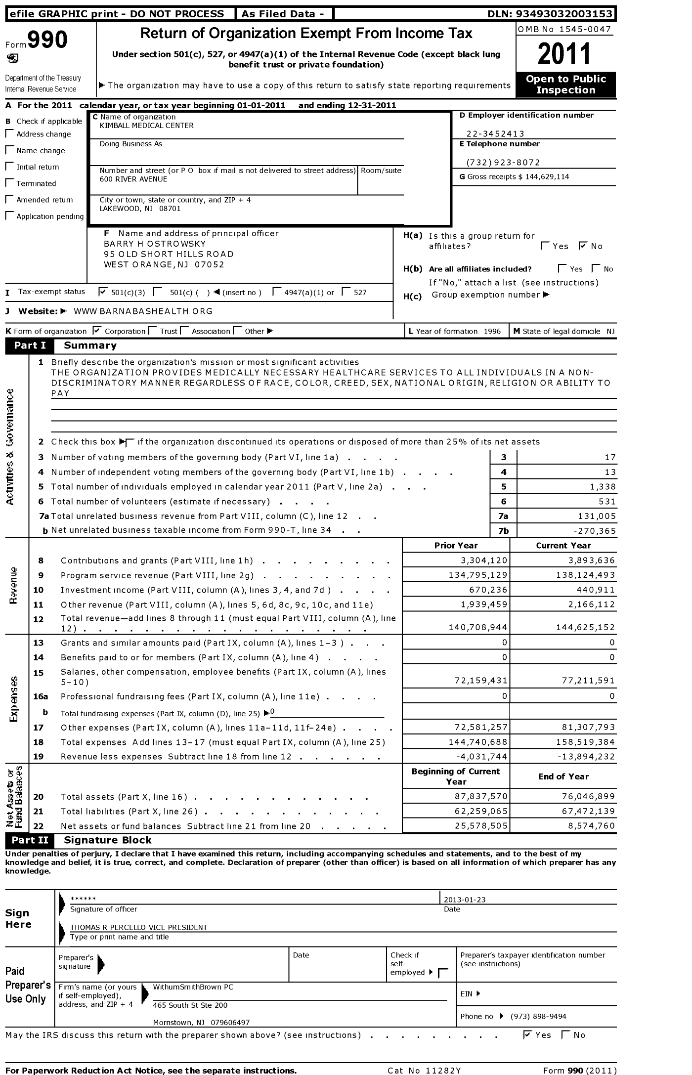 Image of first page of 2011 Form 990 for Monmouth Medical Center Southern Campus