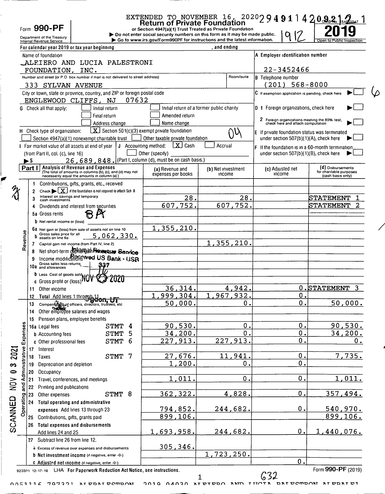 Image of first page of 2019 Form 990PF for Alfiero and Lucia Palestroni Foundation