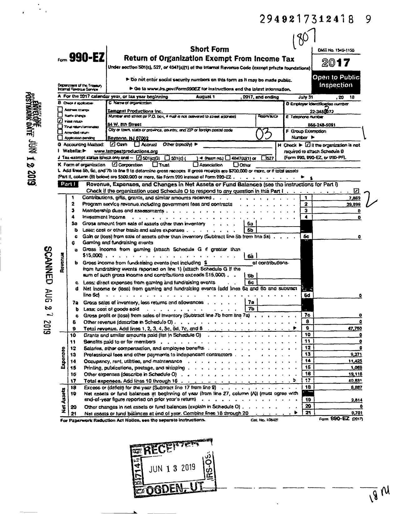 Image of first page of 2017 Form 990EZ for Tempest Productions