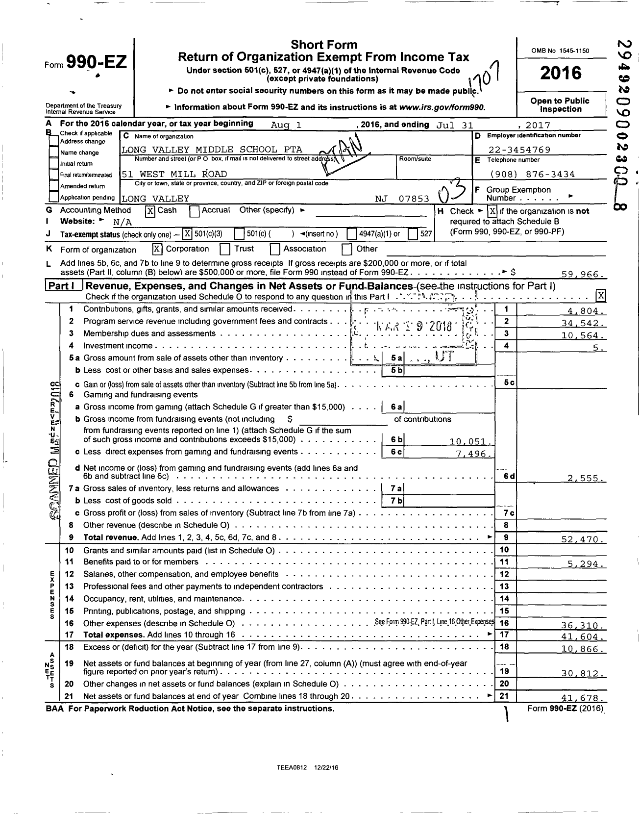 Image of first page of 2016 Form 990EZ for New Jersey PTA - 18904 Long Valley Middle School PTA