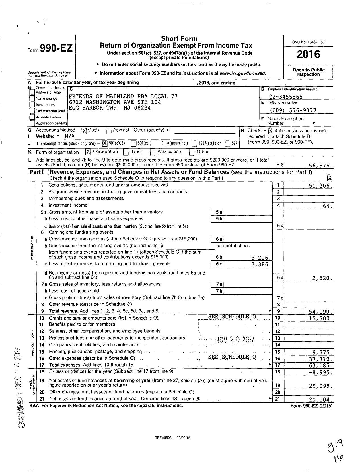 Image of first page of 2016 Form 990EZ for Friends of Mainland Pba Local 77