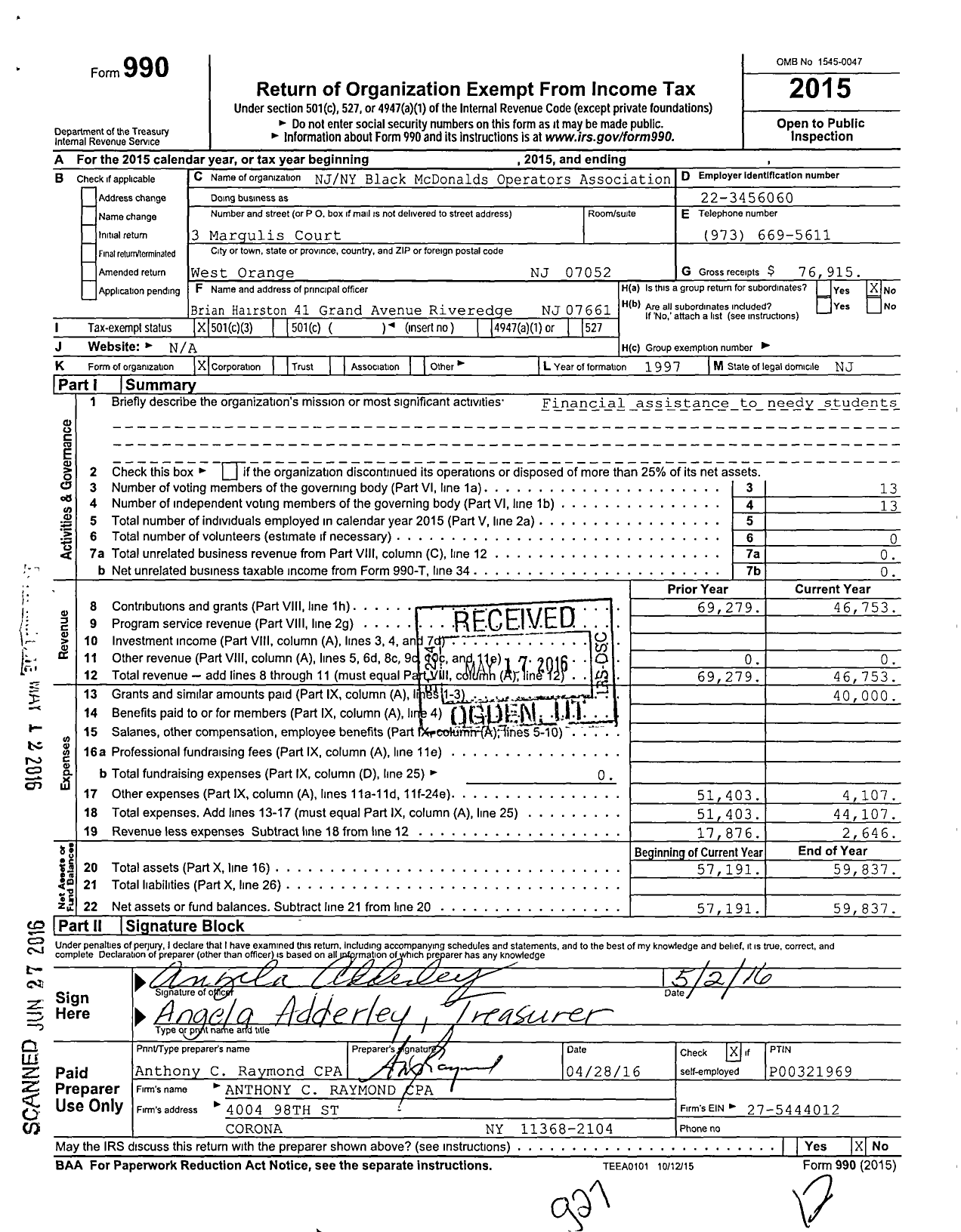 Image of first page of 2015 Form 990 for Nynj Black Mcdonalds Operators Association
