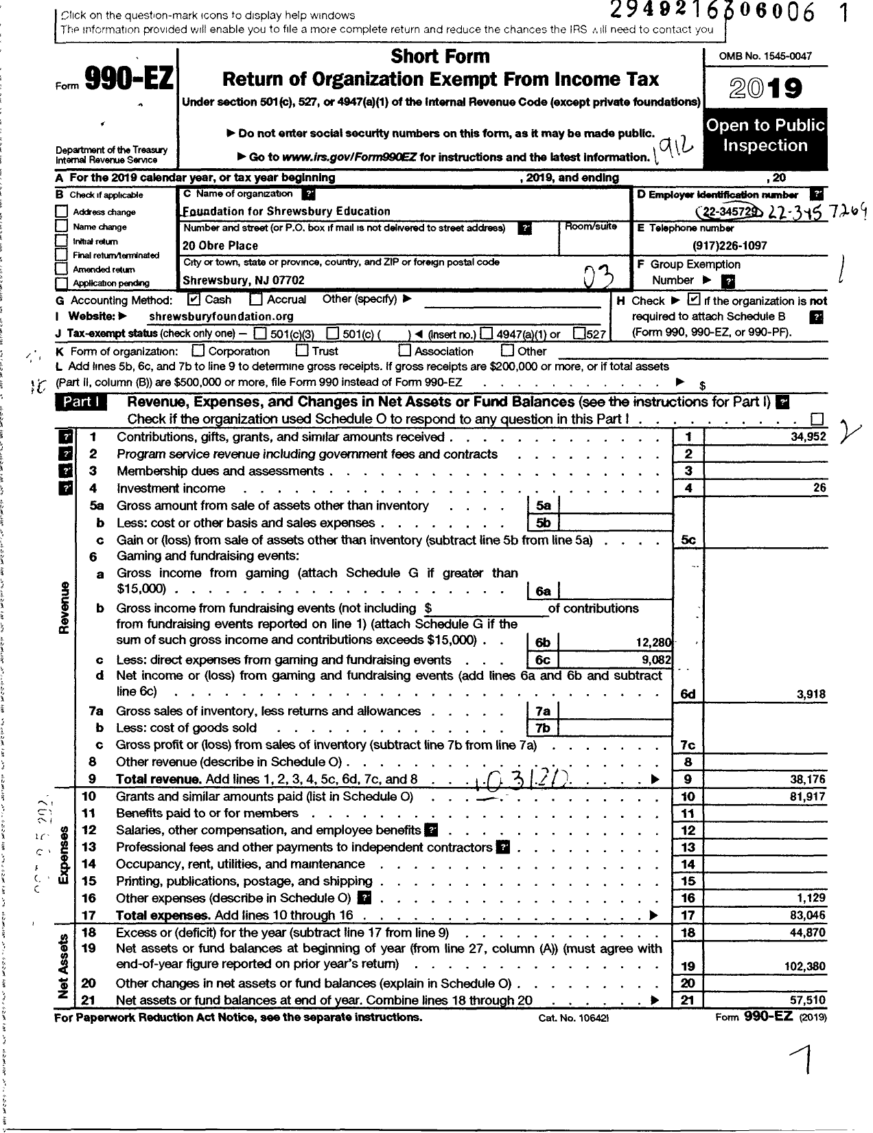 Image of first page of 2019 Form 990EZ for Foundation for Shrewsbury Education