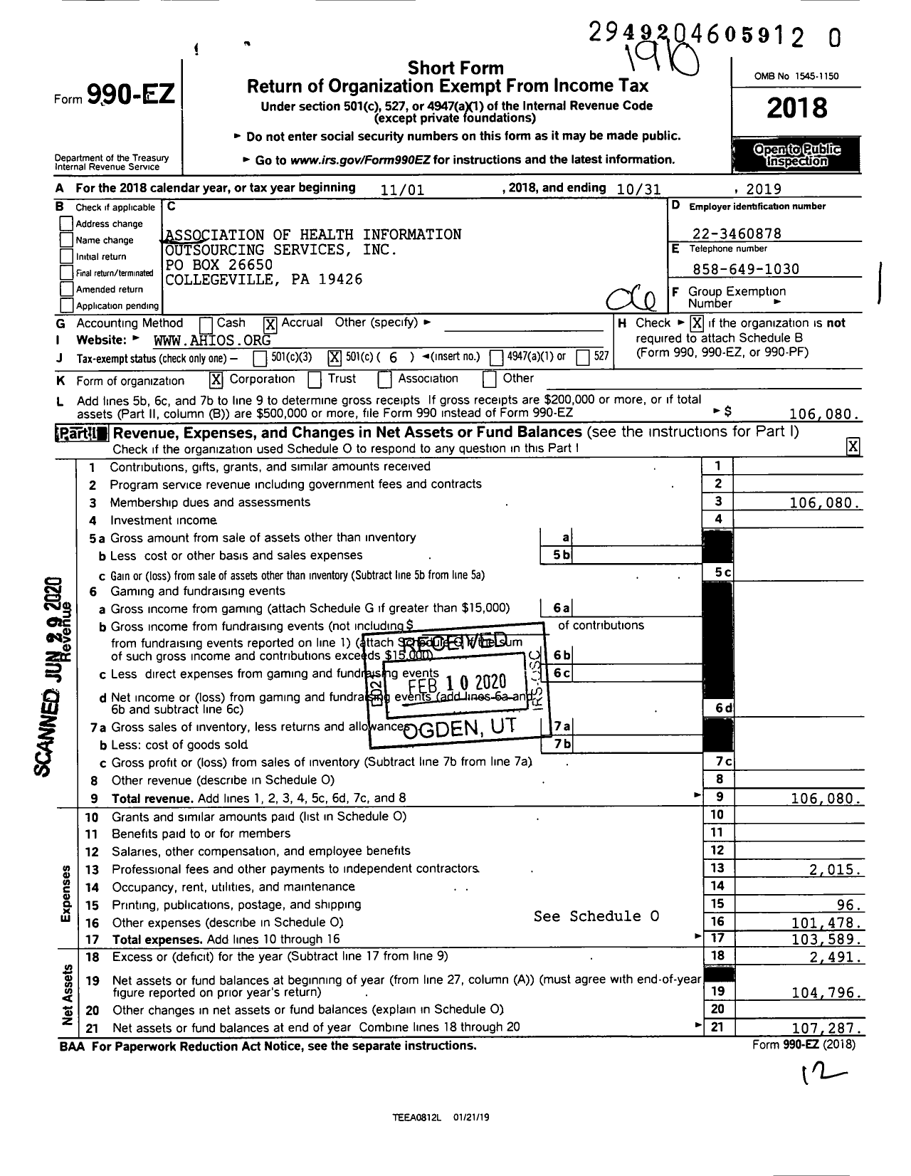 Image of first page of 2018 Form 990EO for Association of Health Information Outsourcing Services (AHIOS)