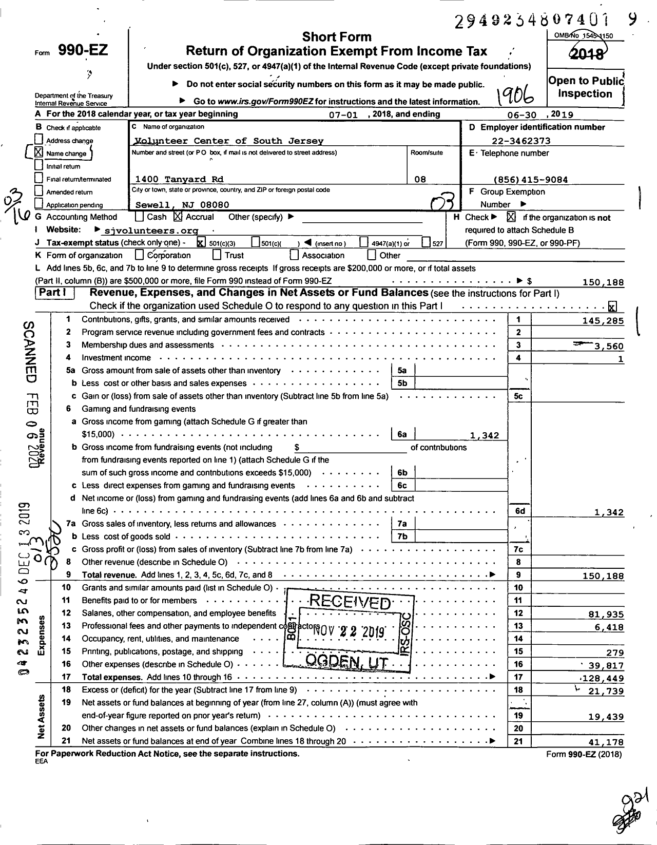 Image of first page of 2018 Form 990EZ for Volunteer Center of South Jersey