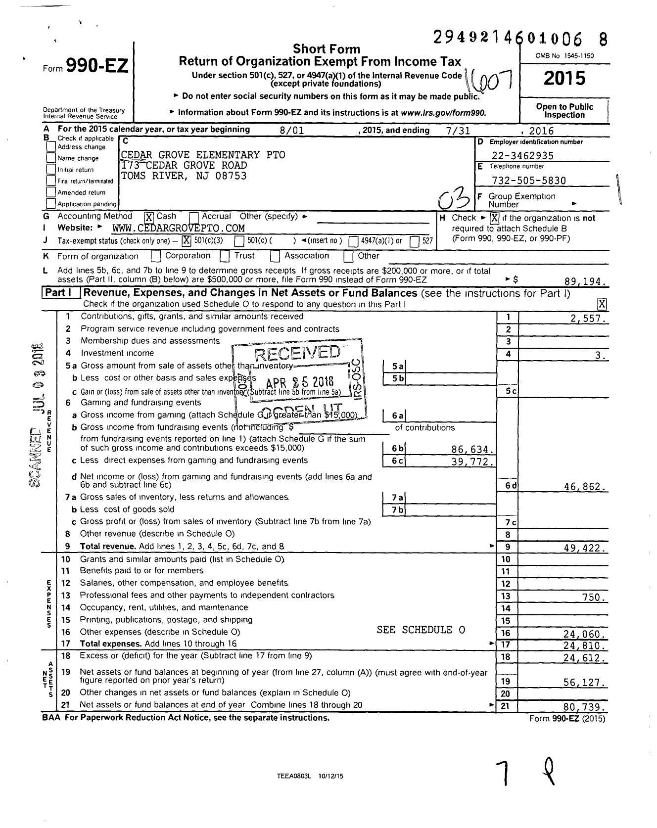 Image of first page of 2015 Form 990EZ for Cedar Grove Elementary PTO