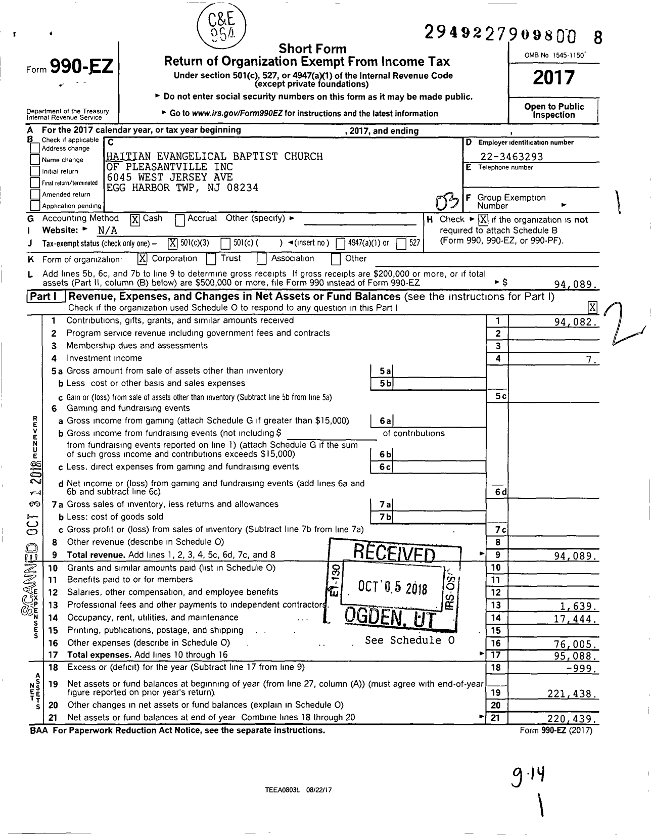 Image of first page of 2017 Form 990EZ for Haitian Evangelical Baptist Church of Pleasantville