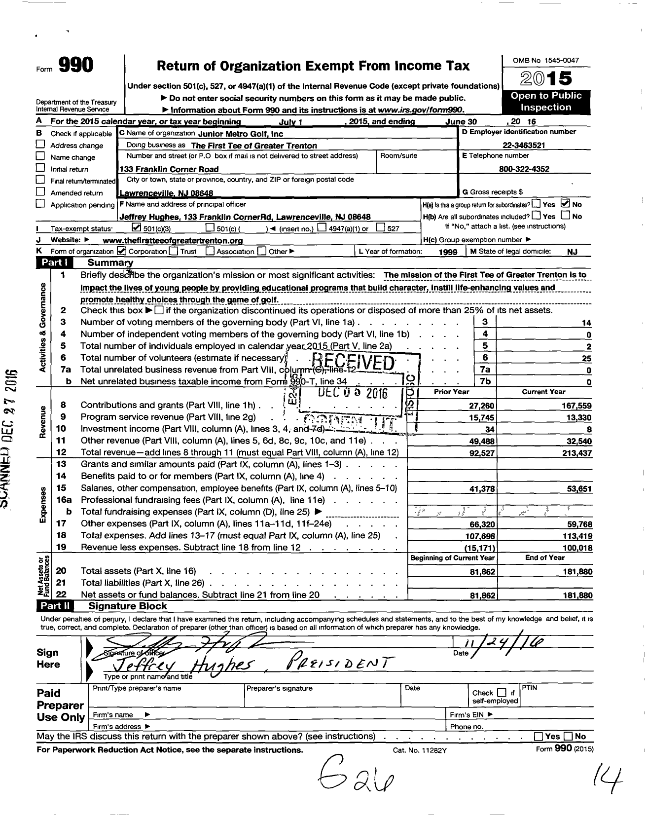 Image of first page of 2015 Form 990 for The First Tee of Greater Trenton